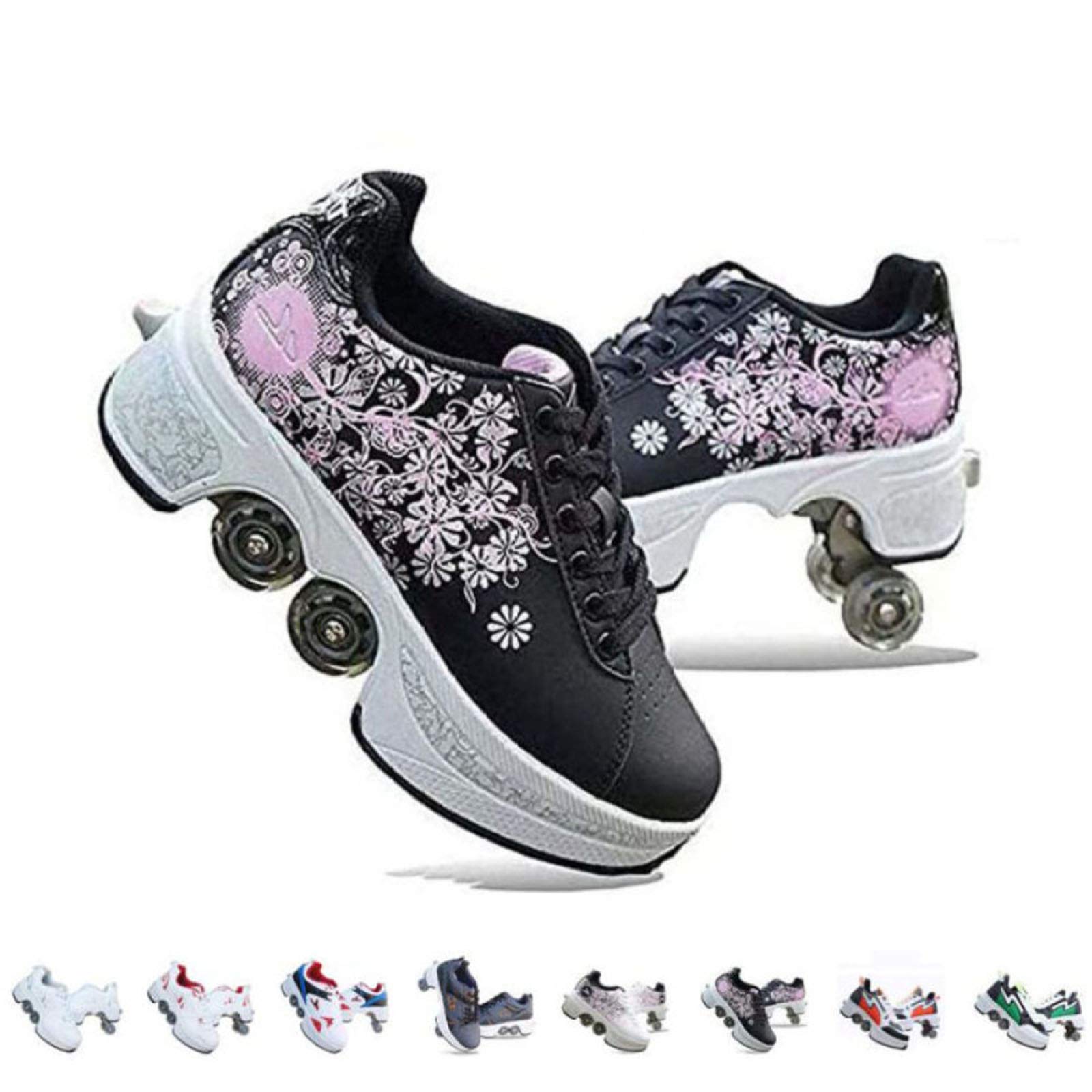 Best Roller Skates for Girls & Women - 2-in-1 Parkour & Inline Skating Shoes with Wheels for Adults | Double-Row Quad Outdoor Sports Roller Skates | Perfect for Park Skating, Fitness & Street Rollerblading (Schwarzdruck-35)