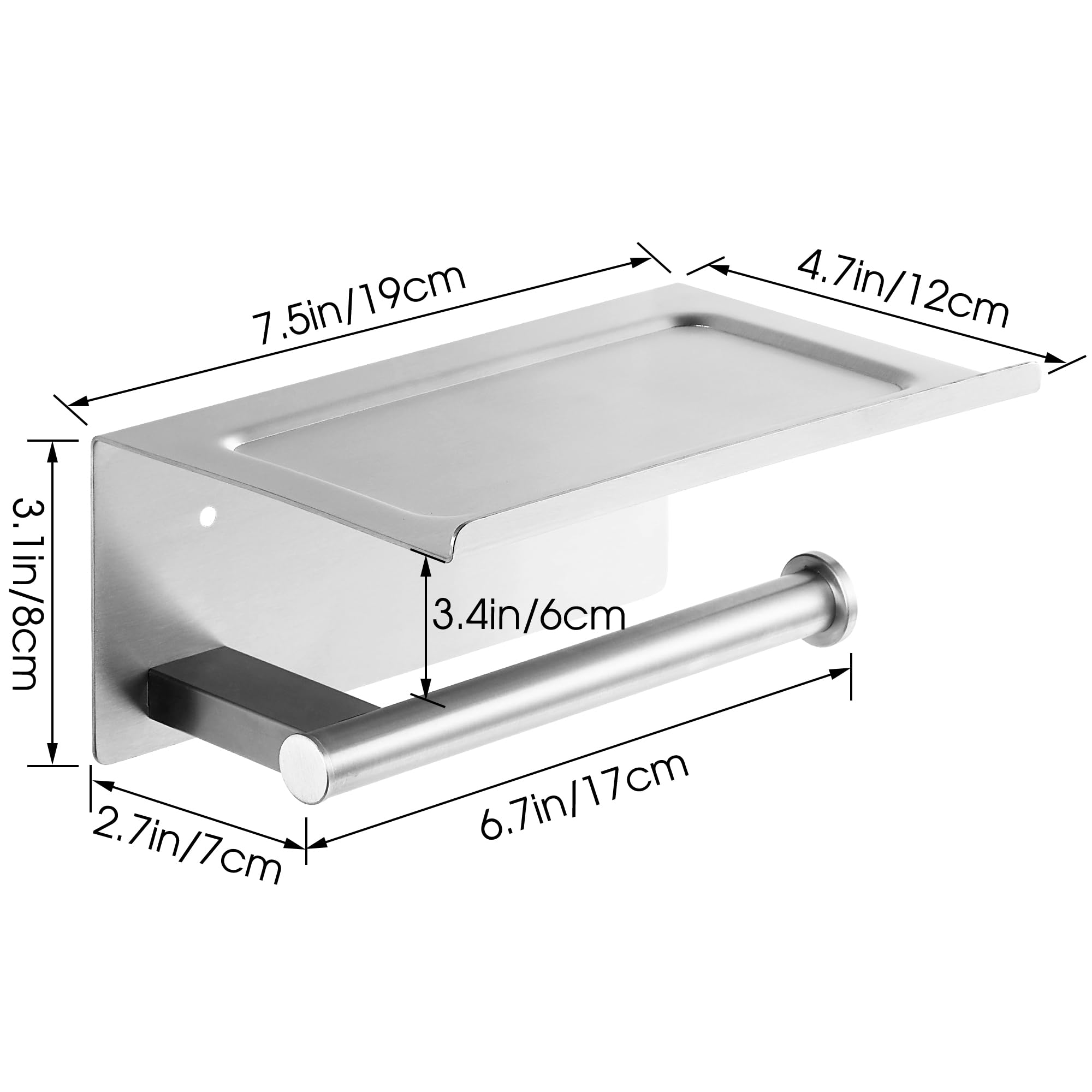 Wall Mounted Toilet Paper Holder with Shelf - Brushed Stainless Steel Bathroom Tissue Roll Holder with Phone Storage | Adhesive & Screw Mounting for Bathroom, Kitchen, RV & Dorm Use