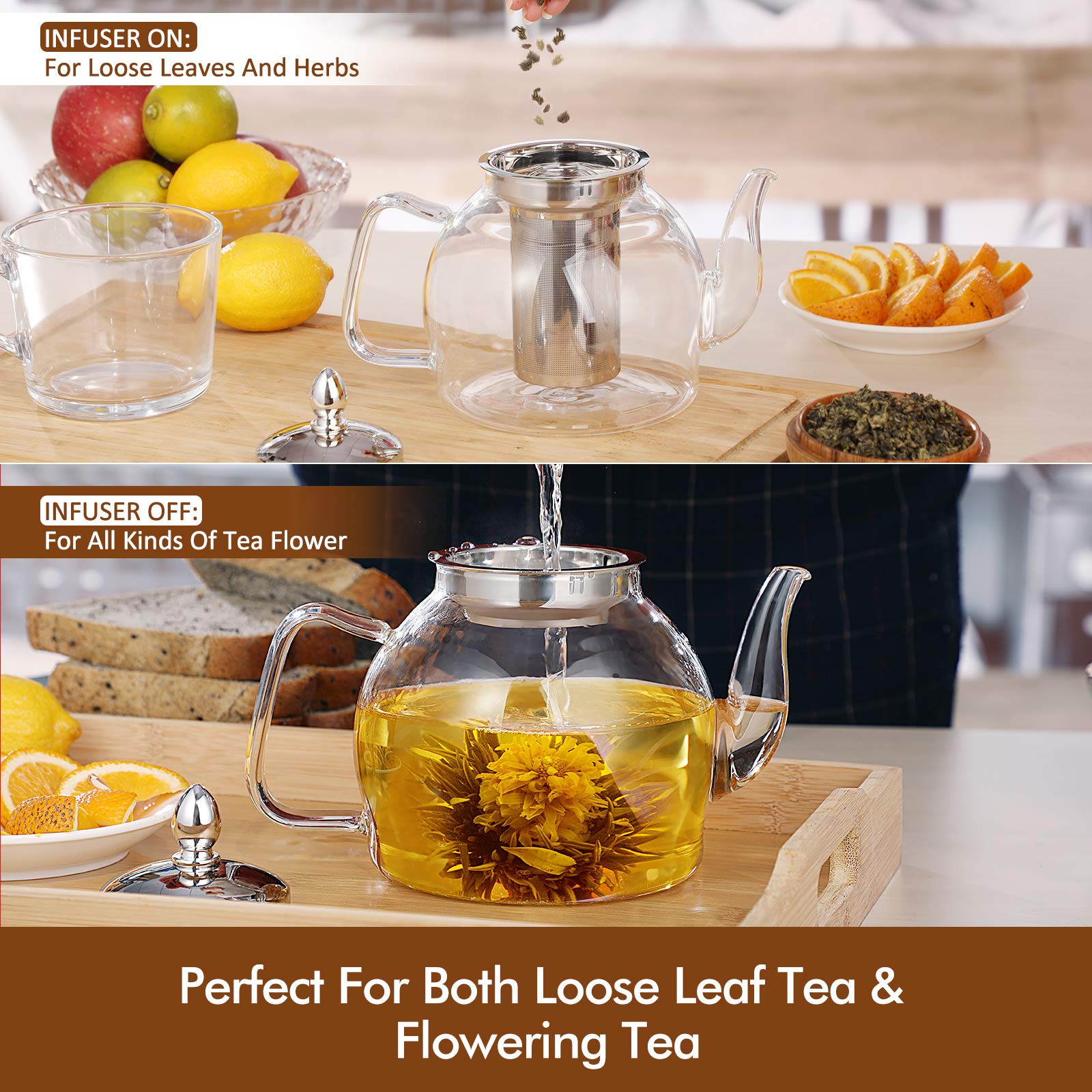 HIWARE 1000ml Glass Teapot with Removable Infuser - Stovetop Safe Tea Kettle for Blooming & Loose Leaf Tea - Perfect for Home, Office & Gift Giving - Ideal for Herbal, Green & Black Tea Brewing
