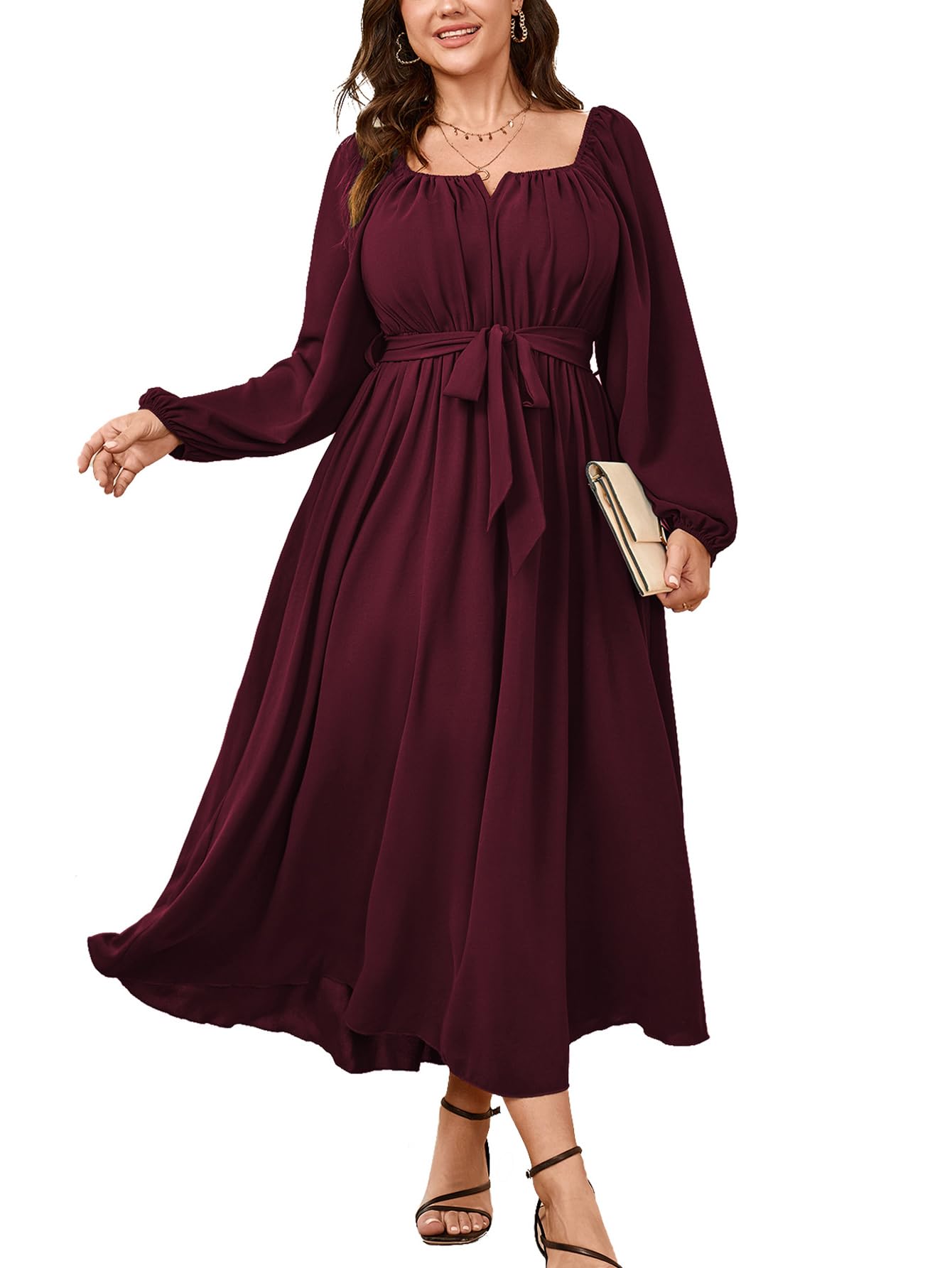 Elegant Plus Size Maxi Dress for Women - Long Sleeve Square Neck Wedding Guest Cocktail Dress with Belt, Flowy A-Line Design | Perfect for Weddings, Parties & Special Occasions