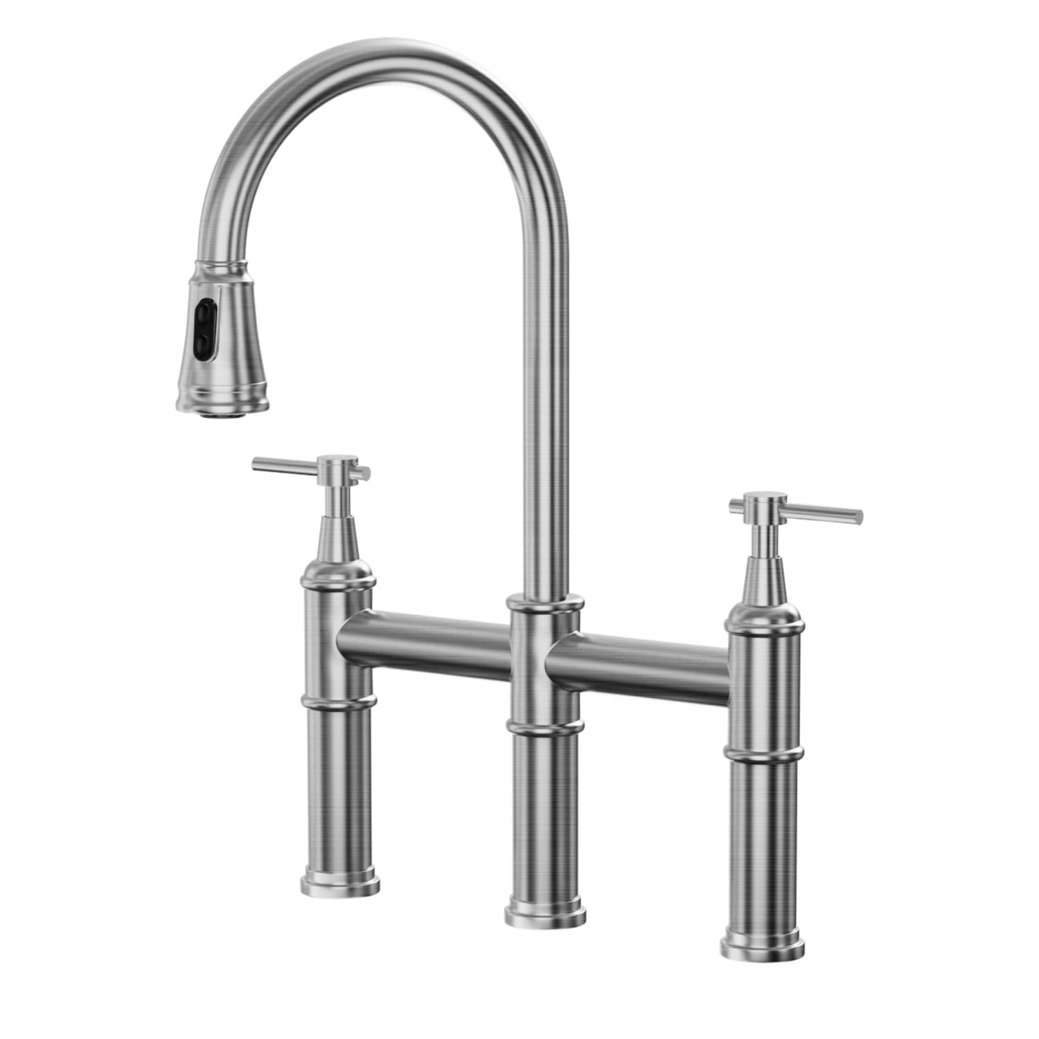 Modern 3-Hole Bridge Kitchen Faucet with Pull Down Sprayer - 2 Handle Swivel Spout Stainless Steel Sink Faucet (Brushed Nickel) - Perfect for Contemporary Kitchens, Restaurant Prep Areas & Home Renovations
