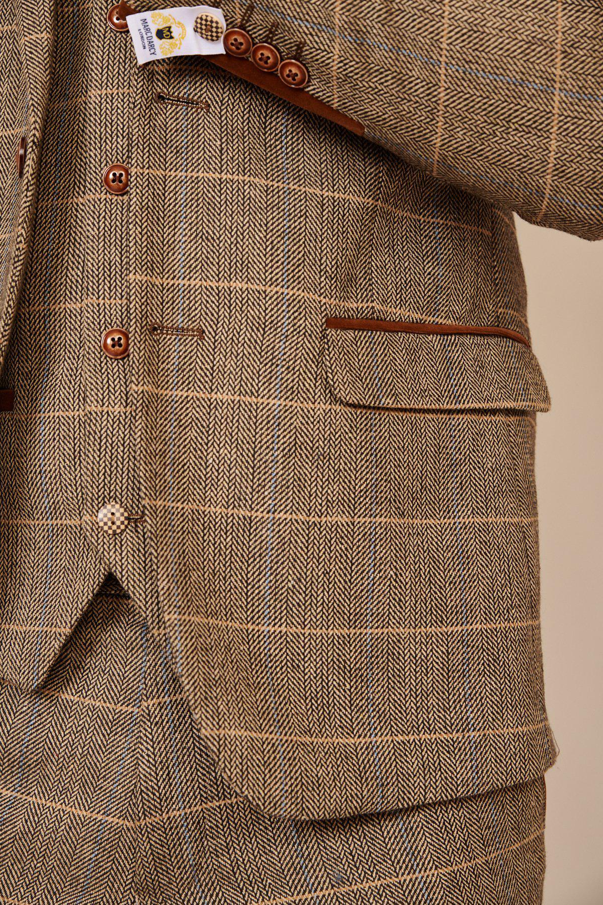 Lukasz Fabianski Style TED Tan Tweed Check Three Piece Suit | Premium Wool Blend Men's Formal Suit | Perfect for Weddings, Business Meetings & Special Occasions