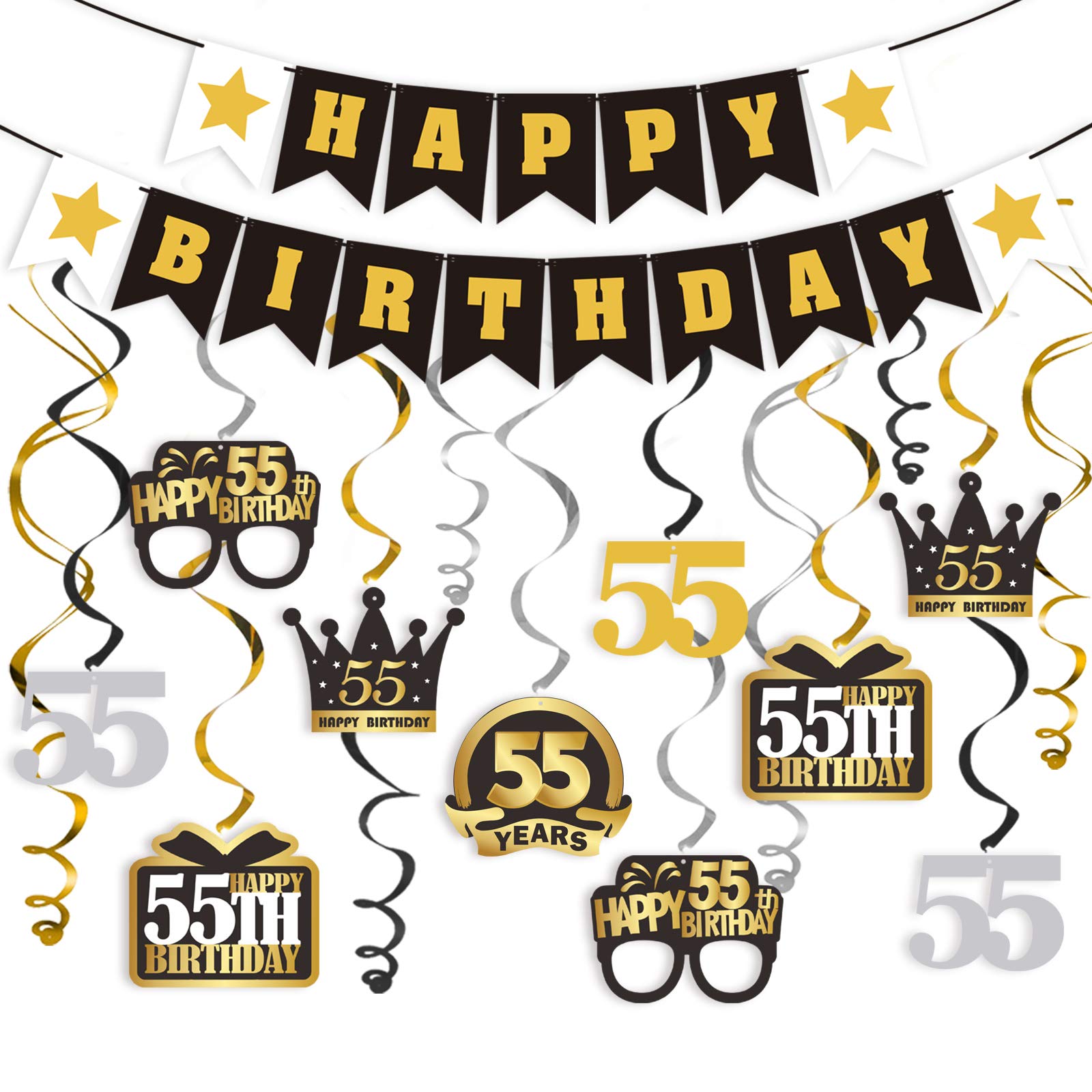LINGTEER Happy 55th Birthday Decorations Set - Swirl Streamers, Banner & Backdrop for 55th Birthday Party Decor | Perfect for Milestone Celebrations, Retirement Parties & Golden Anniversary Decorations
