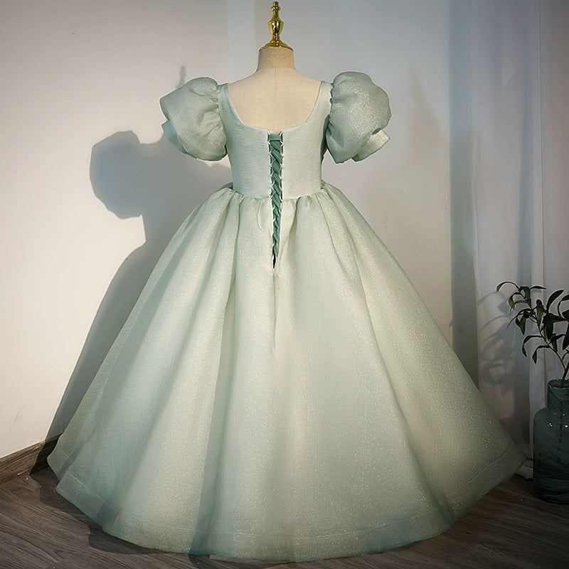 Sage Green Princess Square Neck Floor Length Tulle Flower Girl Dress - Perfect for Weddings, Pageants & Special Occasions