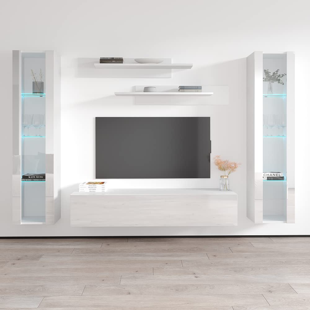 Modern Floating TV Stand with Storage & LED Lights - Wall-Mounted Entertainment Center for Living Room & Bedroom - White Meble Furniture Fly AB2 30