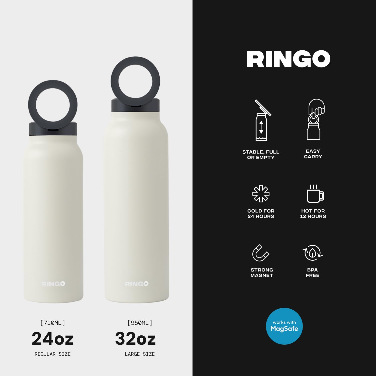 Ringo Insulated Stainless Steel Water Bottle 24oz with Mag-Safe Phone Holder & Magnetic Tripod Mount - Keeps Hot 12H/Cold 24H, 360° Rotation - Ivory - Perfect for Gym, Hiking, Travel & Outdoor Activities
