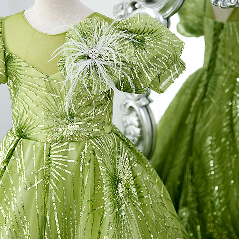 Elegant Sage Green Sequin Flower Girl Dress with Boat Neck & Floral Details - Perfect for Weddings, Pageants & Special Occasions