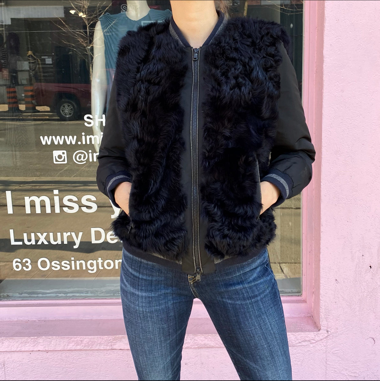 Brunello Cucinelli Navy Blue Curly Lamb Fur Bomber Jacket for Men - Luxury Winter Coat for Cold Weather, Fashion Outerwear for Casual & Formal Occasions