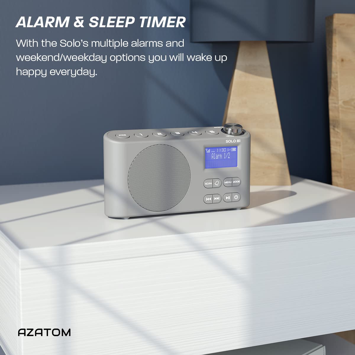 AZATOM Solo B1 Grey Portable DAB/DAB+ Digital Radio with Bluetooth - Rechargeable Battery, Dual Alarm, 80 Presets, AUX & Headphone Jack - Perfect for Home, Office, Travel & Outdoor Use