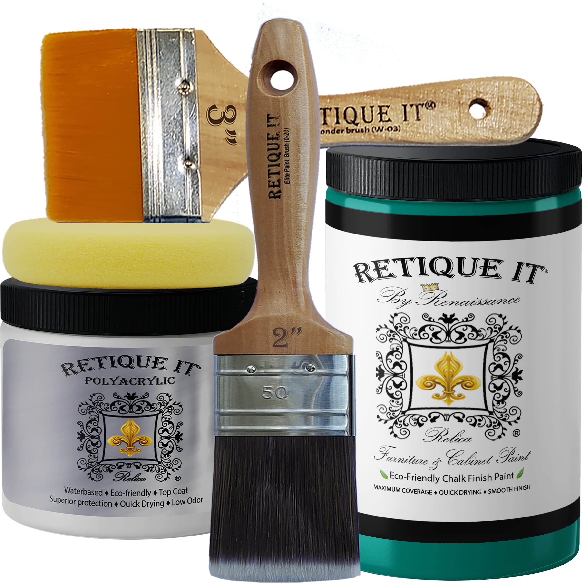 Retique It Chalk Furniture Paint Set by Renaissance DIY - 6 Piece Kit, 38 Malachite & 32 Ounces - Perfect for Upcycling Wooden Furniture, Cabinets & Home Decor Projects