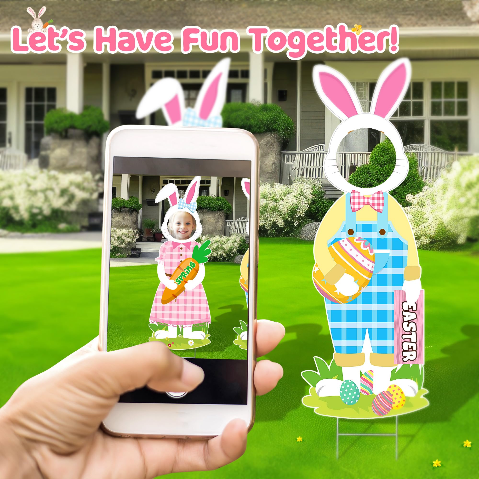 Meonum 2 Pack Large 36'' Easter Bunny Yard Signs with Stakes - Waterproof Funny Photo Props for Easter Egg Hunt, Spring Holiday, Lawn & Garden Decor - Perfect for Outdoor Easter Party Decorations and Backyard Photo Booth Scenes