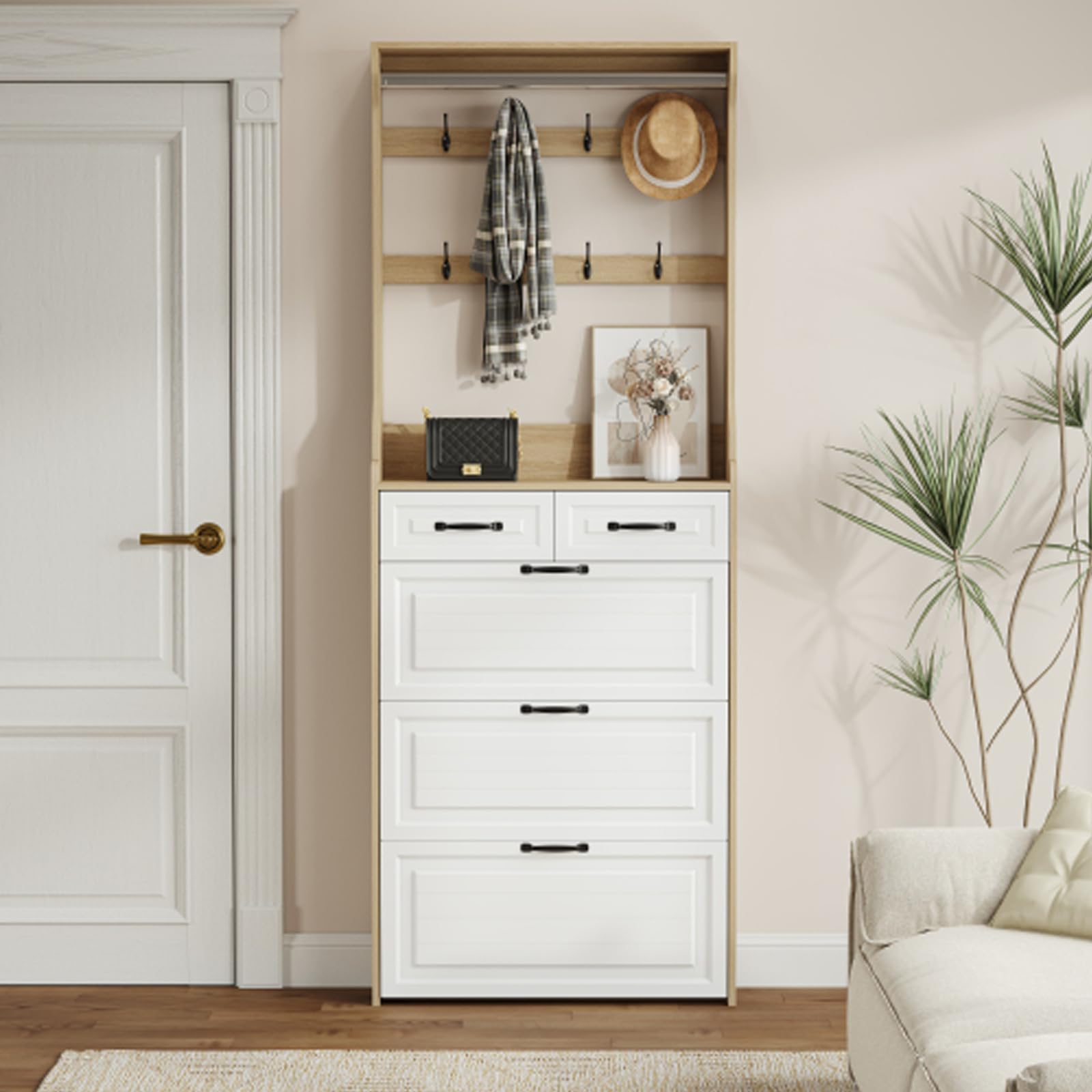 3-Door Oak Shoe Cabinet with 2 Drawers & Hanger - PVC Panel Storage Organizer for Entryway, Closet & Mudroom - Large Capacity Shoe Rack (White)