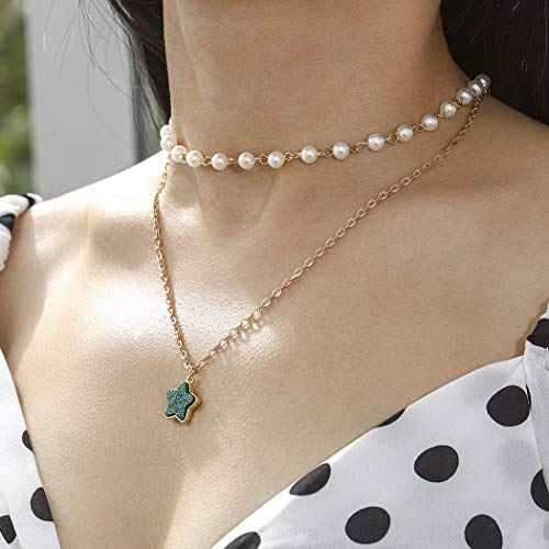 Boho Star Layered Necklace for Women - Gold Crystal Pendant with Pearl & Green Rhinestone Chain - Elegant Bohemian Jewelry for Parties, Weddings & Everyday Wear