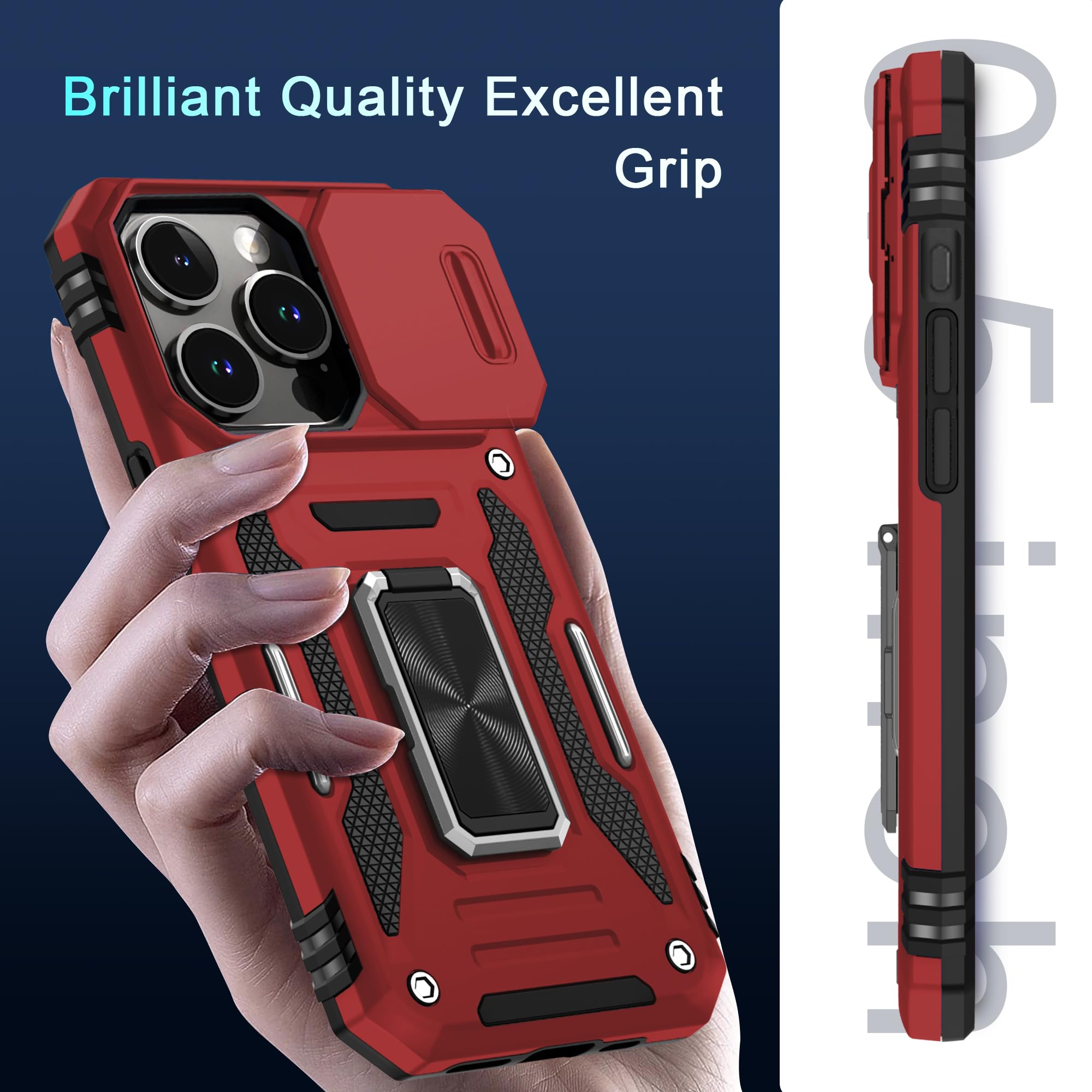 DEERLAMN iPhone 15 Pro Case with Slide Camera Cover & Screen Protector (6.1 Inch) - Military Grade Shockproof Protective Cover with Rotating Ring Kickstand - Red | Perfect for Outdoor Activities, Travel & Daily Protection