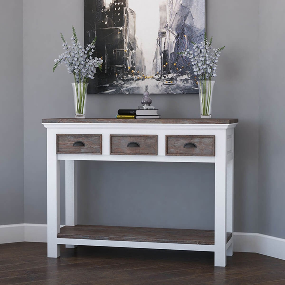 Modern Teak & Solid Wood 3-Drawer Console Table - Entryway Hallway Sofa Table for Living Room, Foyer & Home Decor