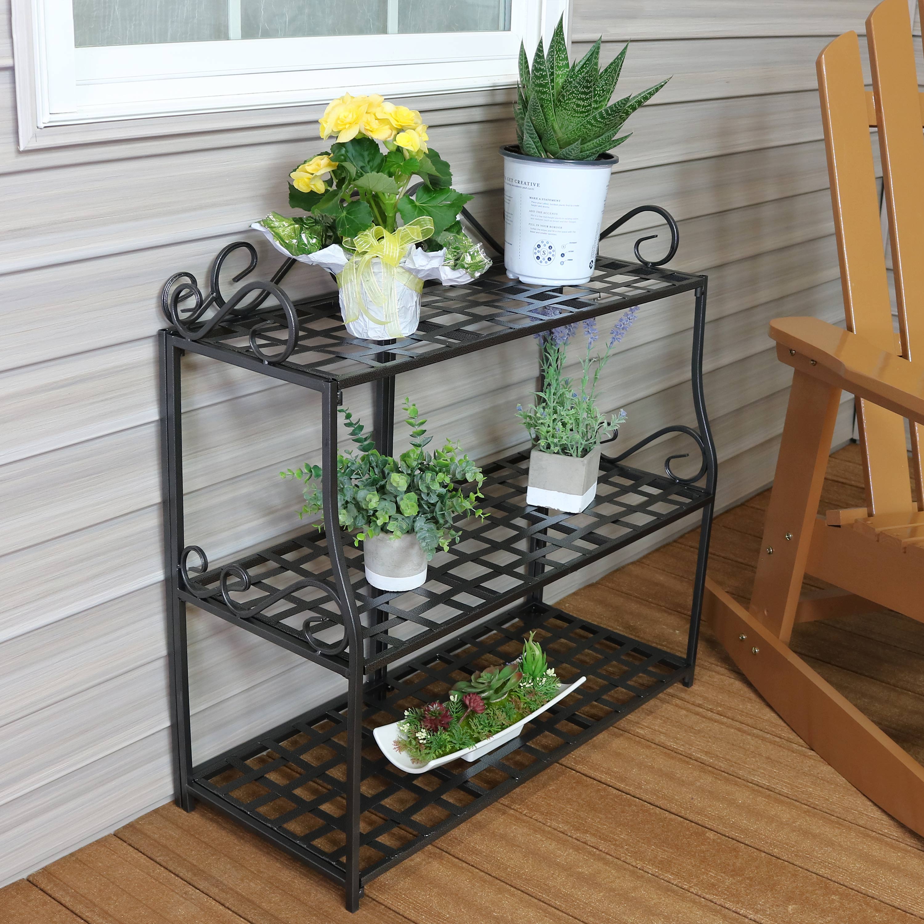 Sunnydaze 3-Tier Metal Iron Plant Stand with Decorative Scroll Design - Indoor/Outdoor Flower Pot Holder for Patio, Garden, Balcony & Home Decor