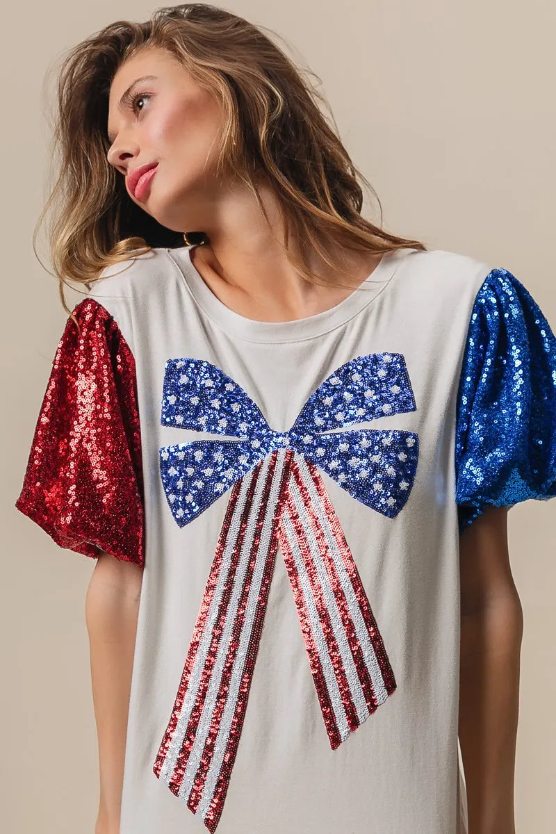 BiBi Sequin American Flag Bow Top - Patriotic Glamour for Women | Perfect for 4th of July, Independence Day & USA Themed Parties