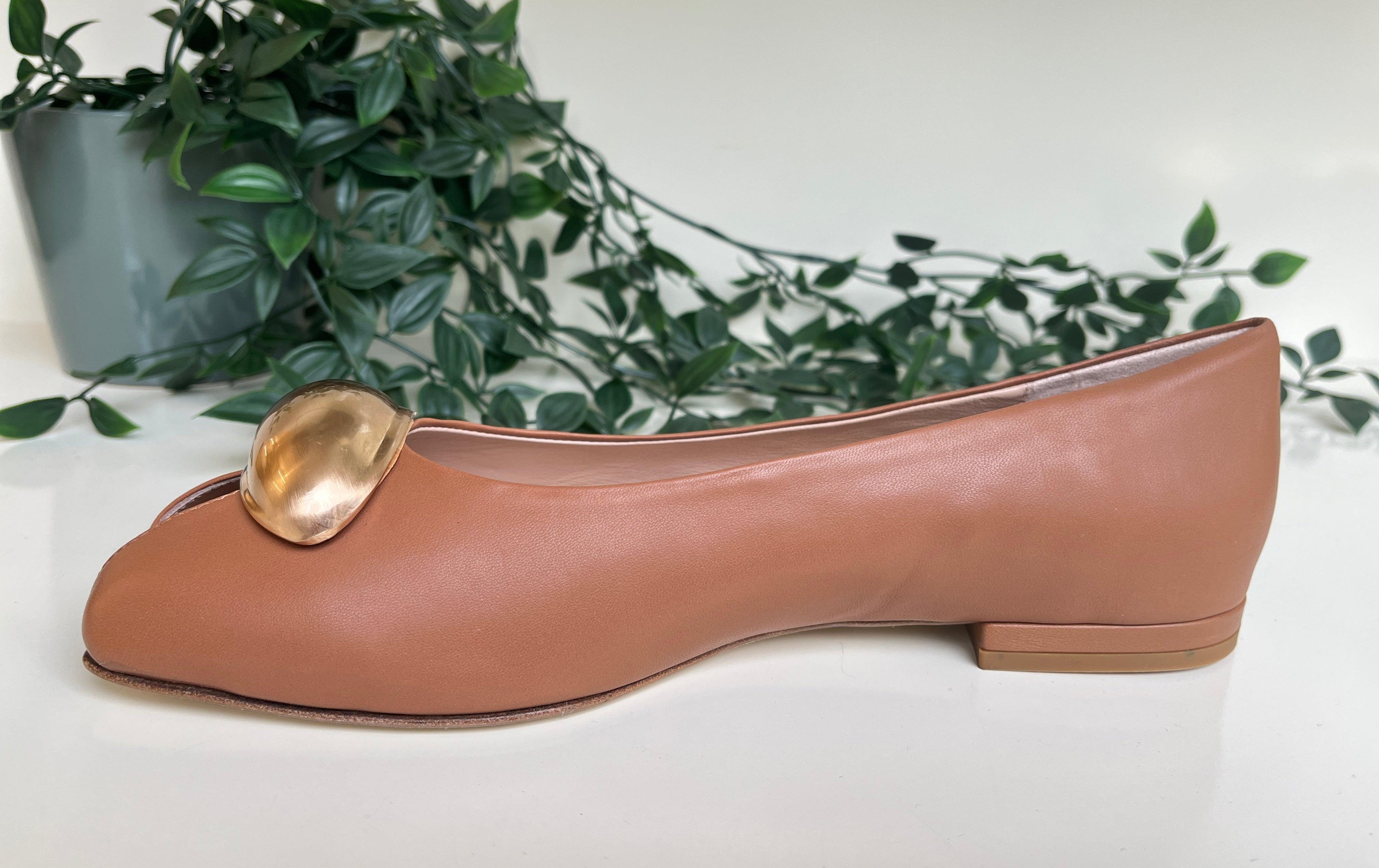 Fabucci Women's Tan Leather Peep Toe Ballet Flats - Comfortable Slip-On Shoes for Work, Office & Casual Wear