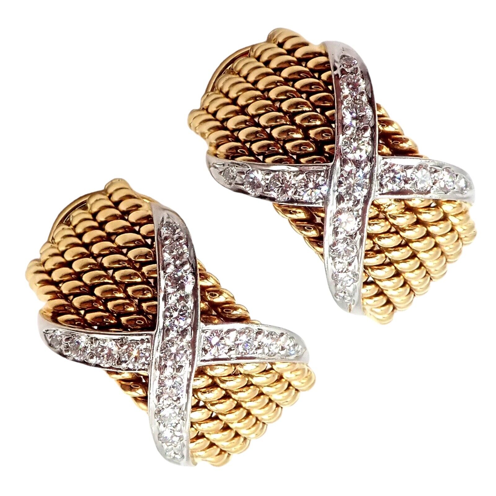 Tiffany & Co Schlumberger 18k Yellow Gold Platinum Diamond 6 Row Rope X Earrings - Luxury Diamond Hoop Earrings for Women, Perfect for Weddings, Parties & Special Occasions