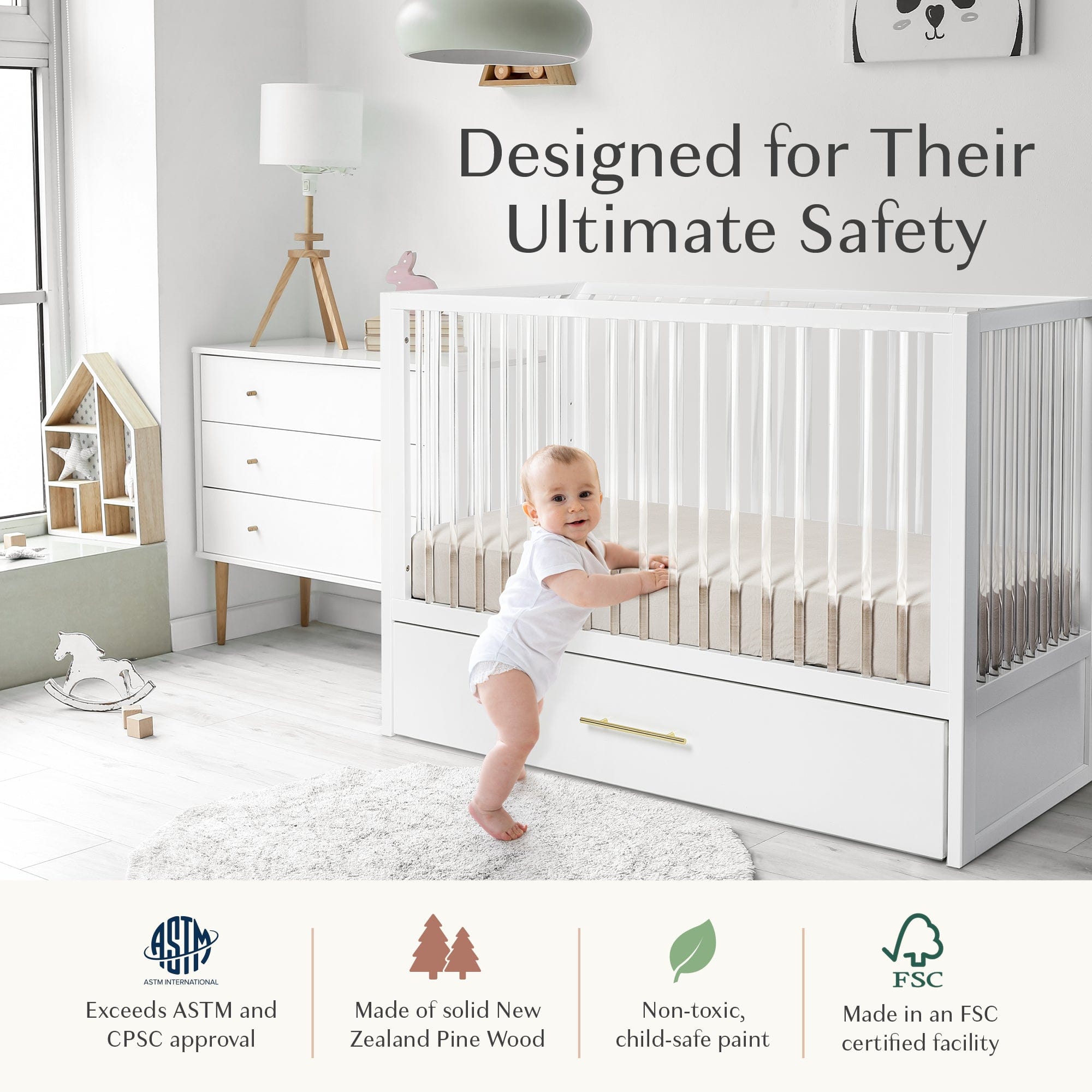 Hush Crib with Trundle - Gold Handle Convertible Baby Crib for Nursery - Perfect for Small Spaces & Shared Rooms