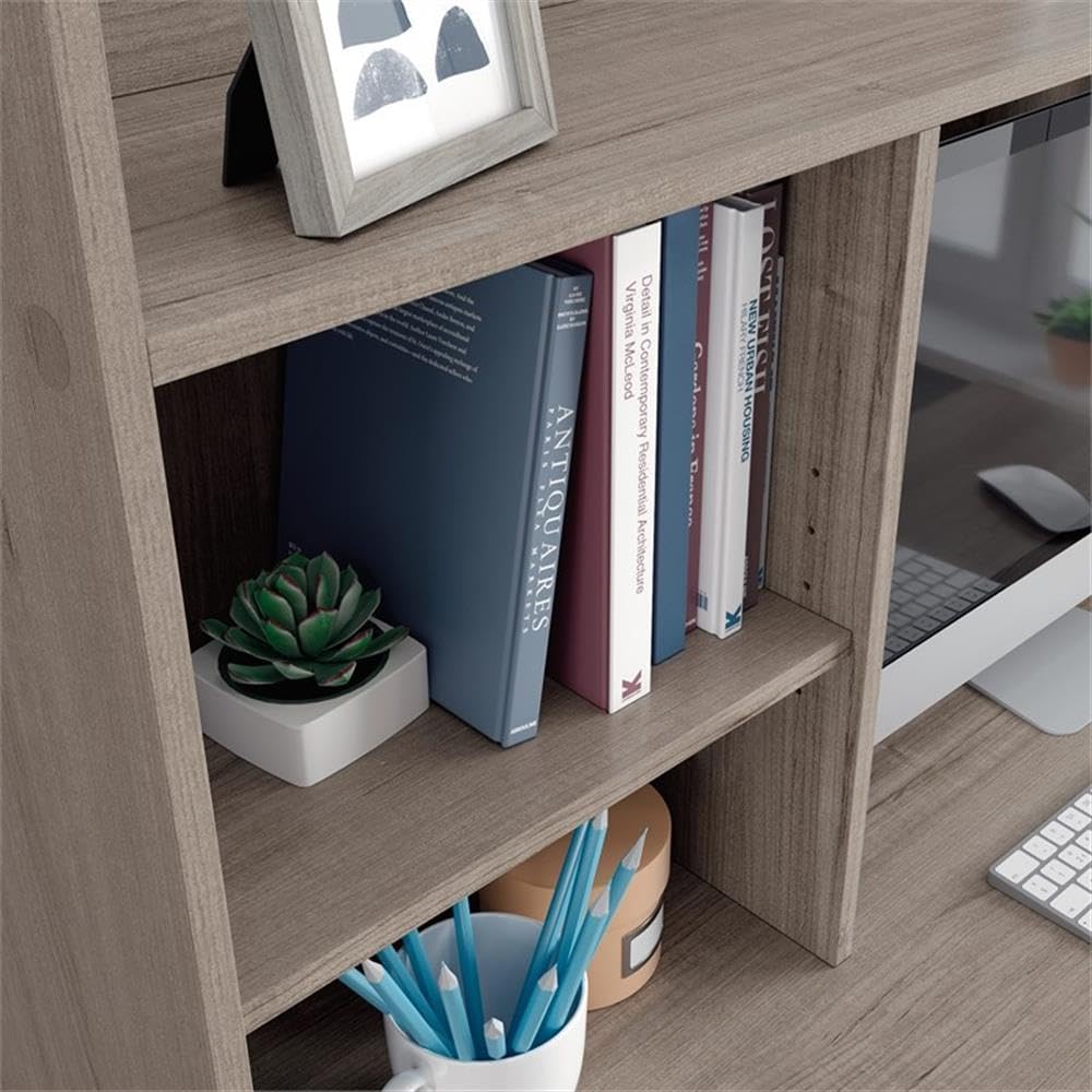 Pemberly Row Engineered Wood Desk with Hutch - Silver Sycamore/Brown Finish | Home Office Furniture for Work & Study | Modern Writing Desk with Storage Shelf