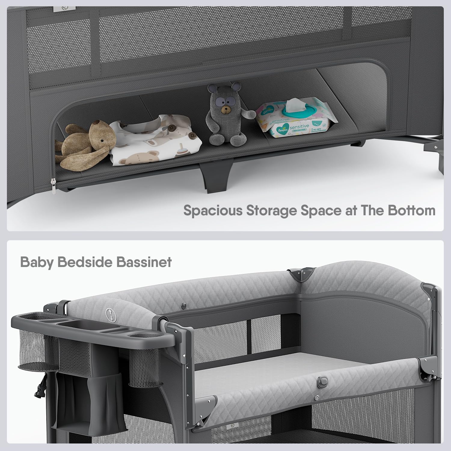 4 in 1 Baby Bassinet with Mattress - Portable Pack and Play, Bedside Crib Sleeper & Diaper Changer | Includes Mosquito Net, Storage Basket & Toy Bar | Perfect for Newborn to Toddler Nursery, Bedroom & Travel