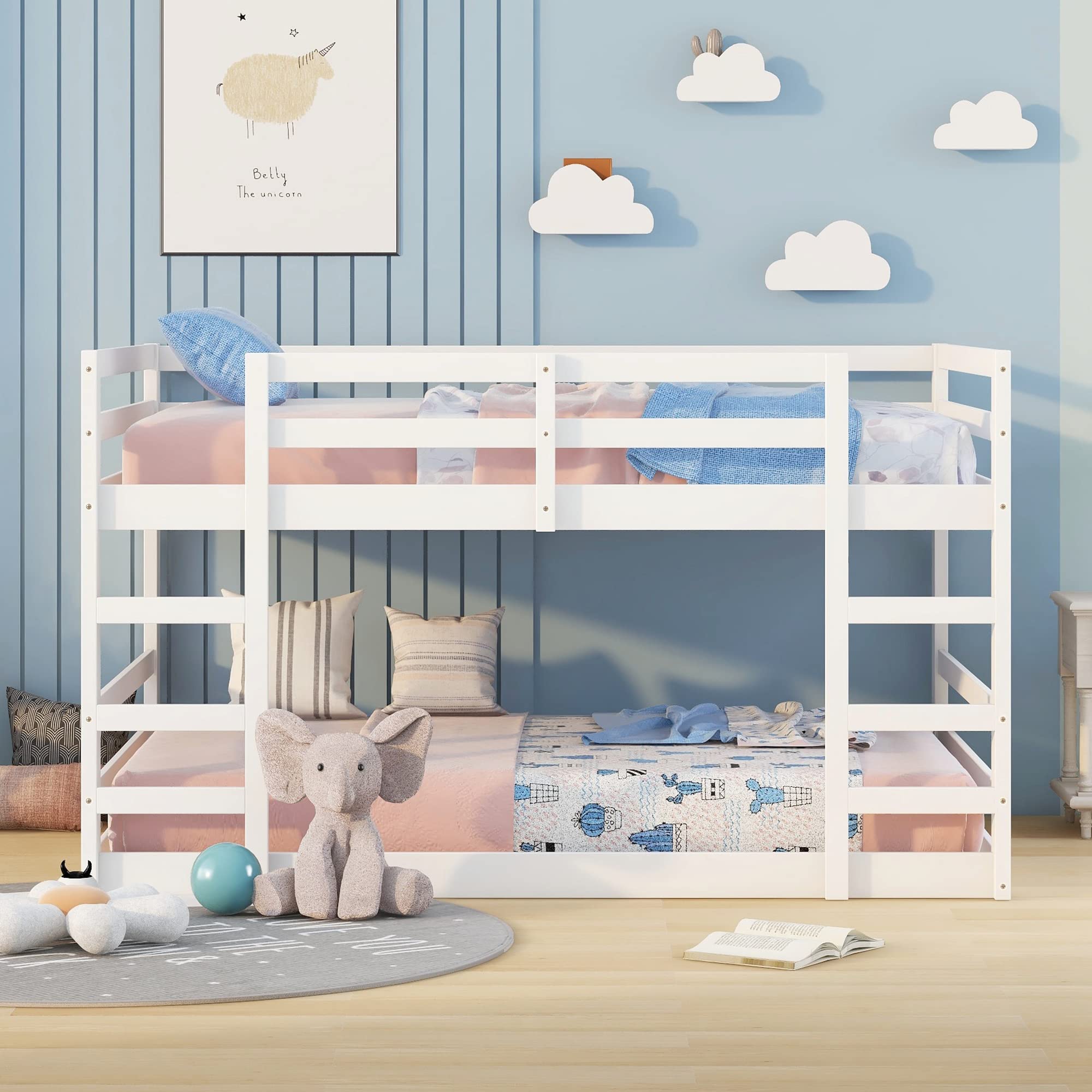 Twin Over Twin Wooden Bunk Bed Frame for Kids & Teens - Low Profile Floor Bunkbed for Boys, Girls, Toddlers - Perfect for Small Bedrooms, Dorms & Shared Kids' Rooms (White)