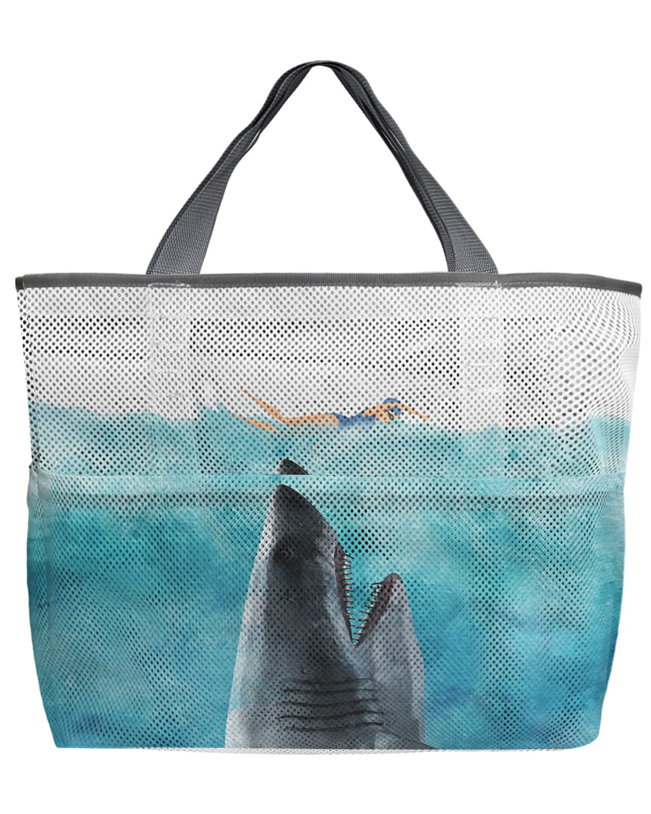 Mesh Beach Tote Bag - 60L Oversized Shark & Swimmer Design Quick-Dry Swim Bag with Pockets | Foldable Lightweight Storage Net for Beach, Pool, Groceries & Ocean Sailing | 24