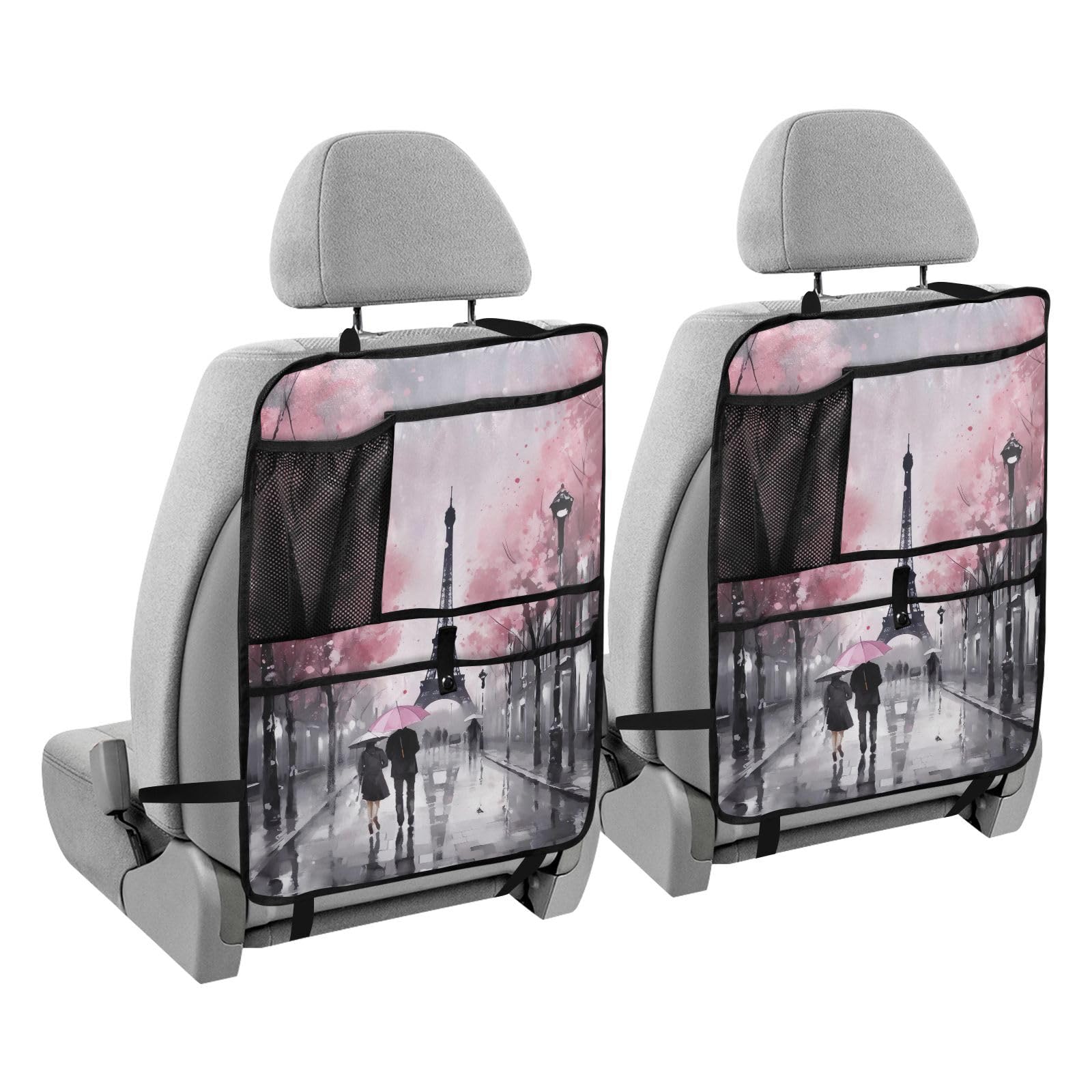 Sinestour Waterproof Eiffel Tower Paris Car Back Seat Protector - 2 Pack Kick Mats with Storage Pockets for Kids, Dirt & Mud Protection - Perfect for Family Road Trips, School Runs & Pet Travel Accessories