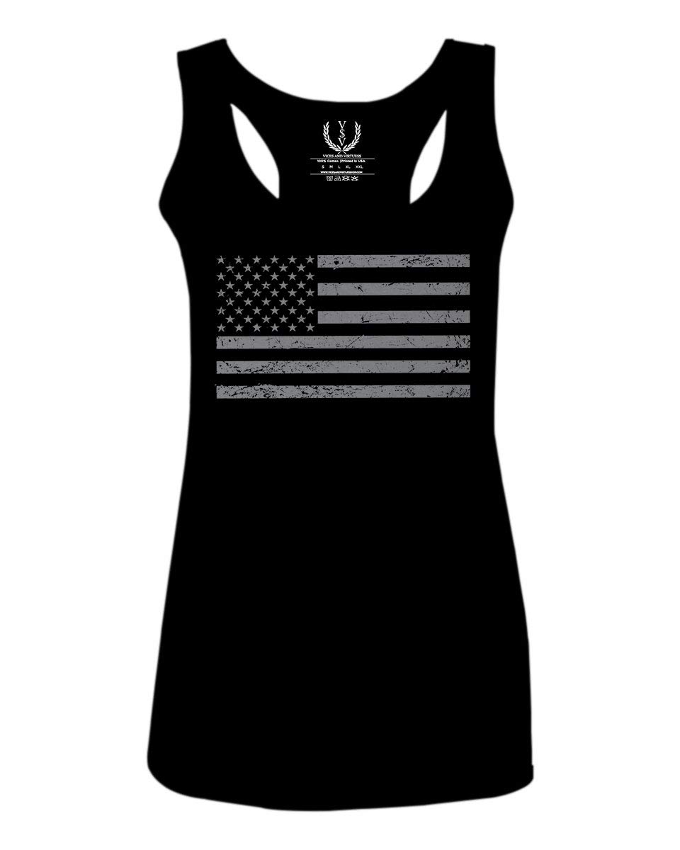 Vintage American Flag Women's Tank Top - USA Patriotic Gray Racerback Shirt for 4th of July, Memorial Day & Summer Outfits