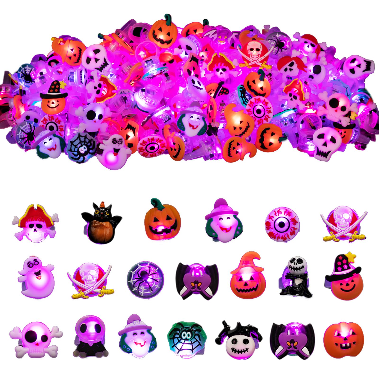 300 Pcs Halloween LED Light Up Rings - Glow in The Dark Party Favors, Trick or Treat Bag Fillers, Bulk Halloween Toys for Kids, Halloween Party Supplies & Decorations - Perfect for Trick or Treating, Haunted House Parties & Halloween Events