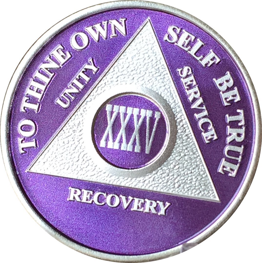 35 Year AA Medallion Purple Silver Plated Alcoholics Anonymous Sobriety Chip XXXV - Recovery Anniversary Gift for Milestone Celebration & 12 Step Program Support