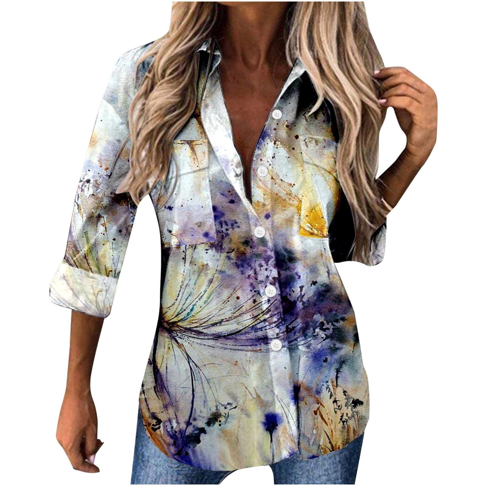Women's Button Down Long Sleeve Blouse - Floral Print Business Casual Shirt with Lapel Collar | Office Wear, Gift for Her, Work & Date Night Outfits