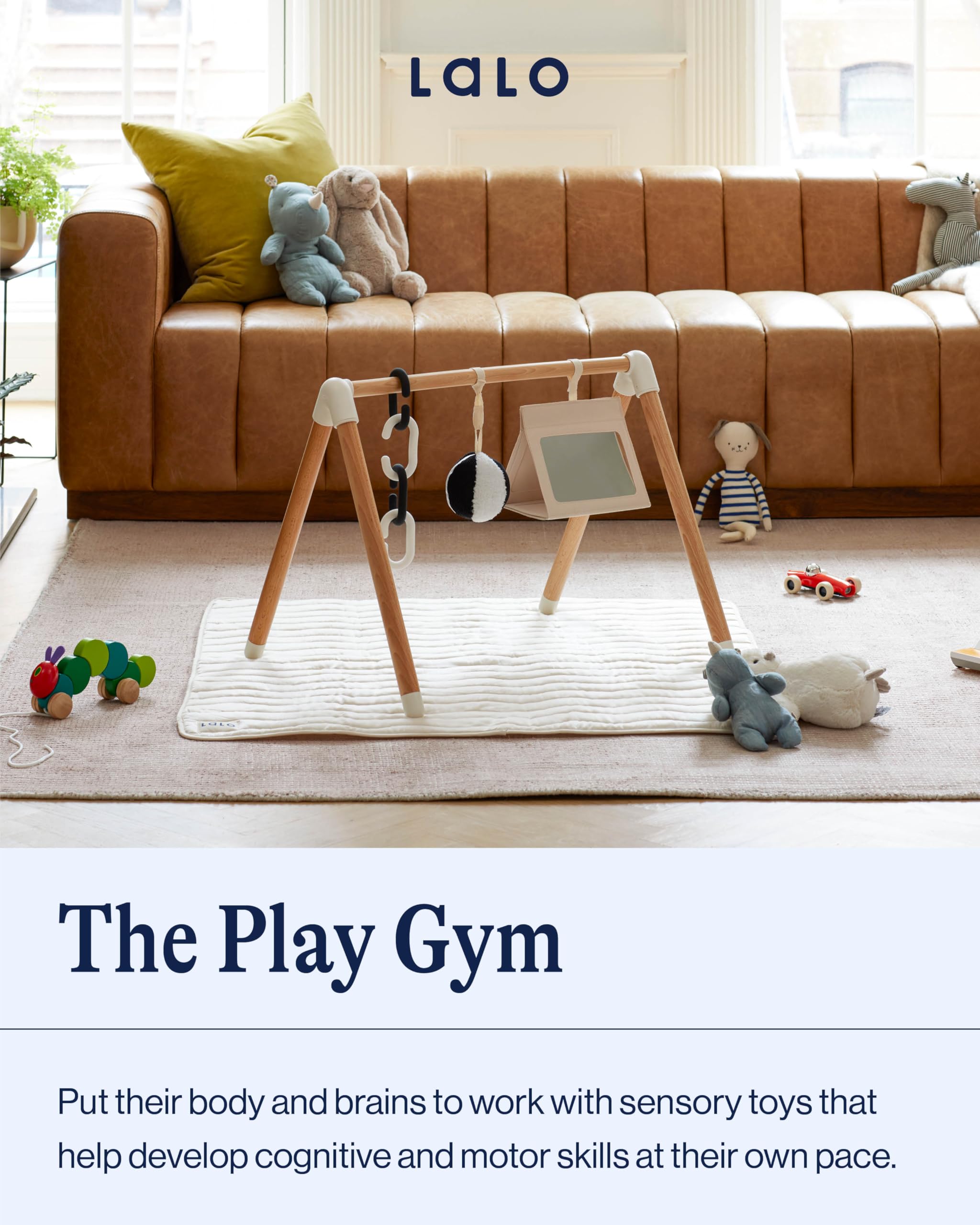 Lalo Baby Gym & Playmat for Infants & Toddlers - Eco-Friendly Non-Toxic Playmat with Wooden Gym - Easy Assembly & Machine Washable - Perfect for Tummy Time, Crawling & Early Learning Activities
