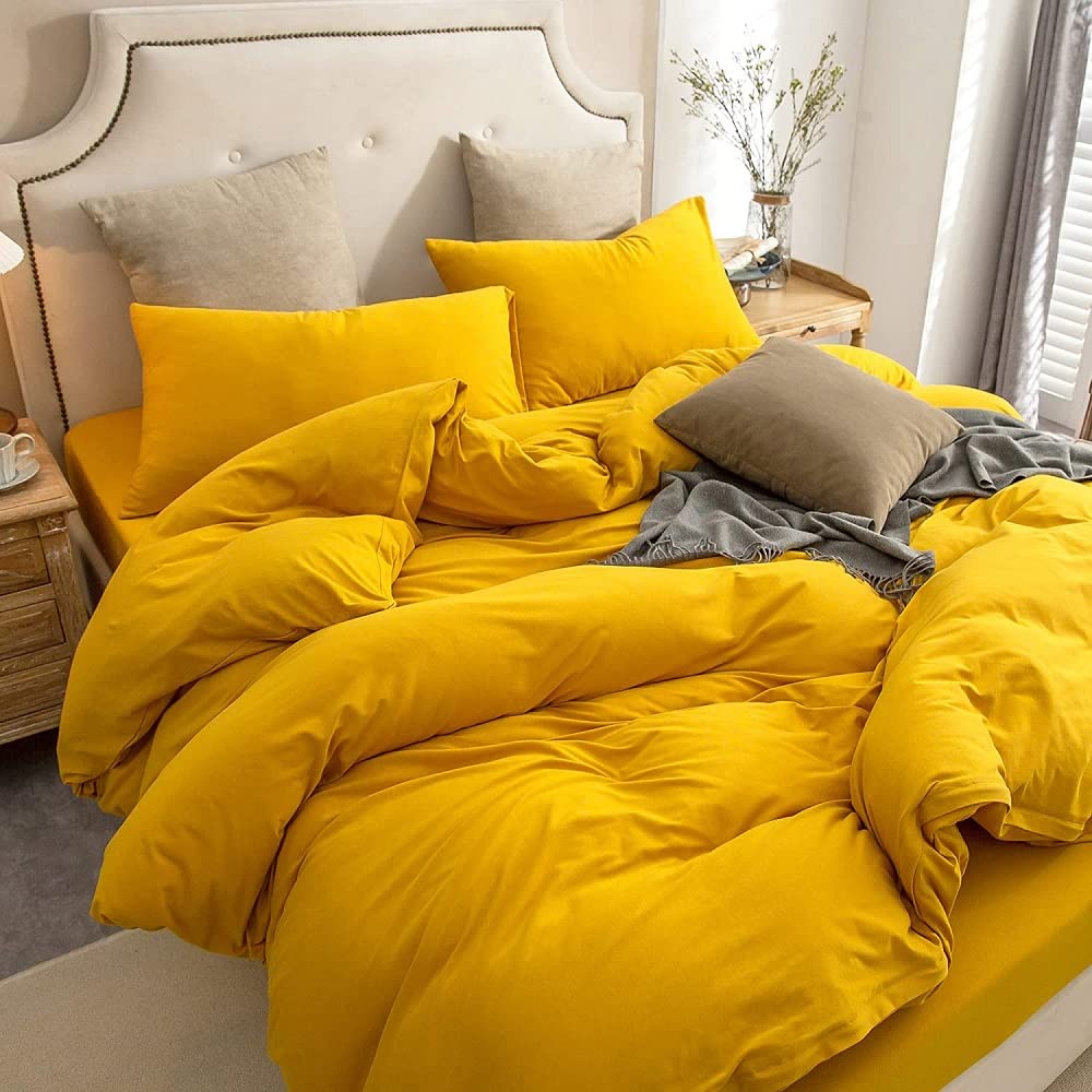 Premium Yellow Mustard Washed Cotton Duvet Cover Set - Twin/Full/Queen/King/California King - 100% Softened Collage Room Bedding for Cozy Comfort - Perfect for Modern Bedrooms, Guest Rooms & Dorm Decor