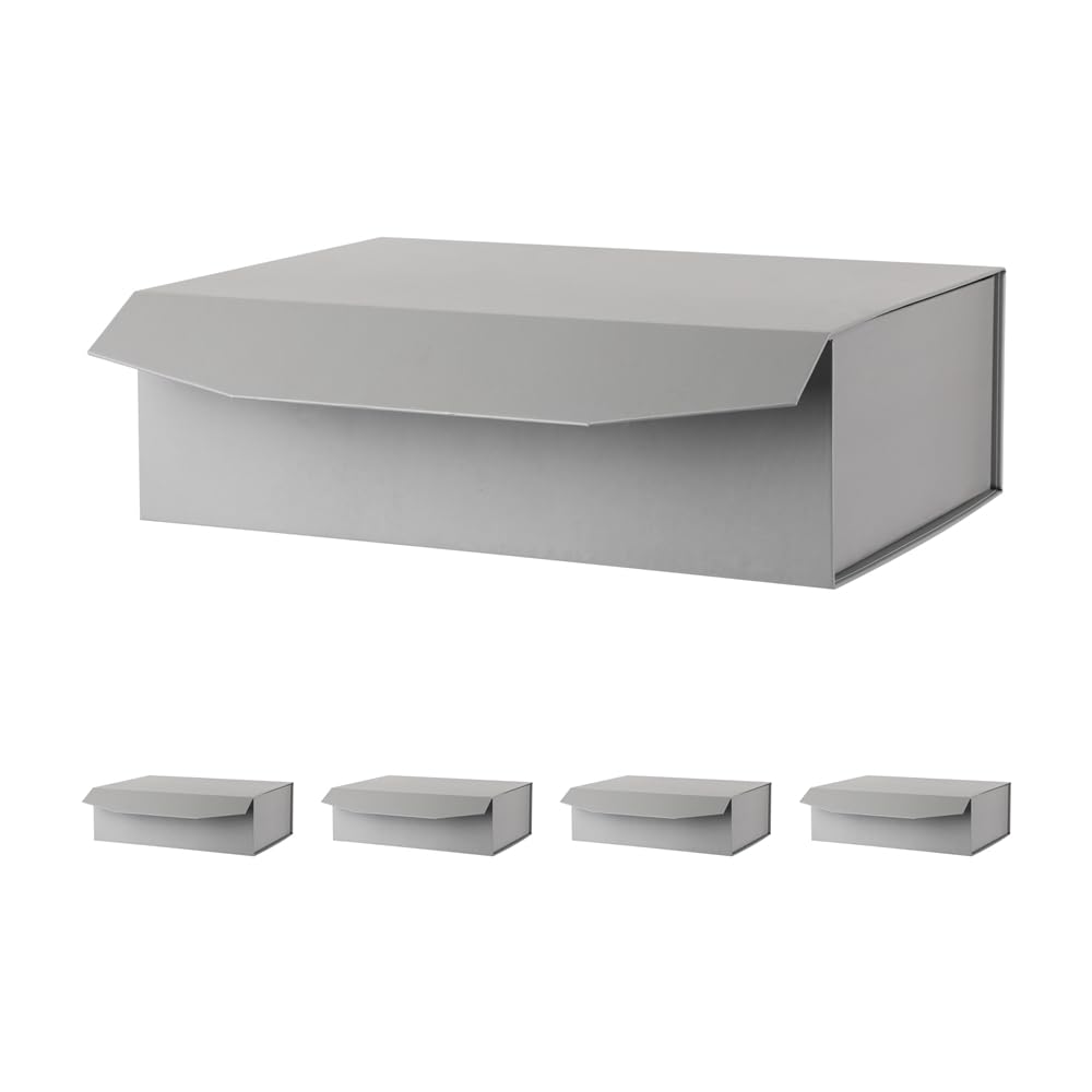 5 Pack Large Grey Gift Boxes with Lids 13x9x4 Inches - Premium Magnetic Closure Clothing Gift Boxes for Presents, Hard Collapsible Bulk Packaging Boxes (Matte Grey Silver) - Perfect for Wedding Gifts, Birthday Presents, Holiday Packaging & Retail Display