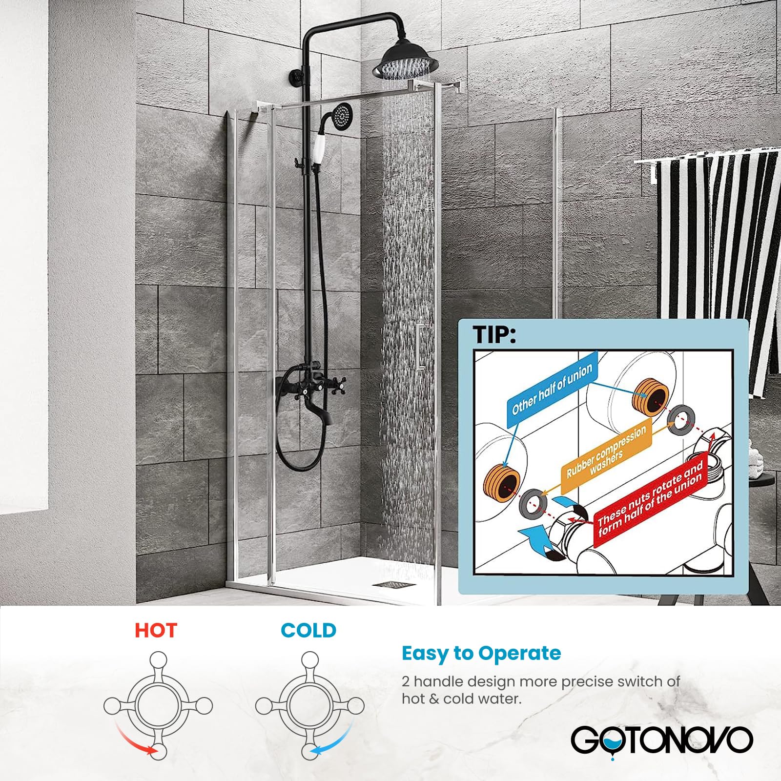 Gotonovo 8 Inch Matte Black Rainfall Shower System - Exposed Wall Mount Shower Faucet with Tub Spout, Handheld Spray & Double Cross Handles - Perfect for Bathroom, Outdoor & Modern Home Renovation