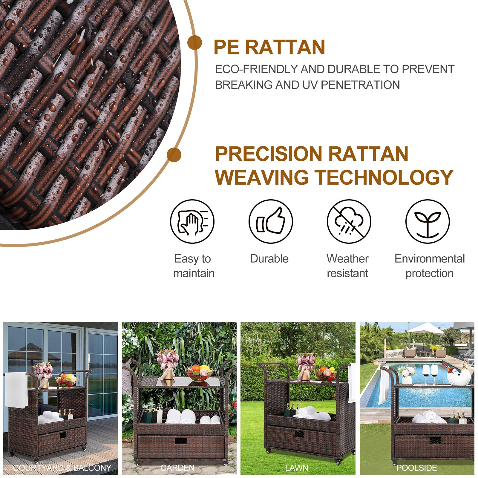 Outvita Outdoor Rolling Wicker Bar Cart with Storage Basket & Lockable Wheels - Rattan Beverage Cart with Glass Top for Patio, Poolside, Garden Parties & Home Entertaining