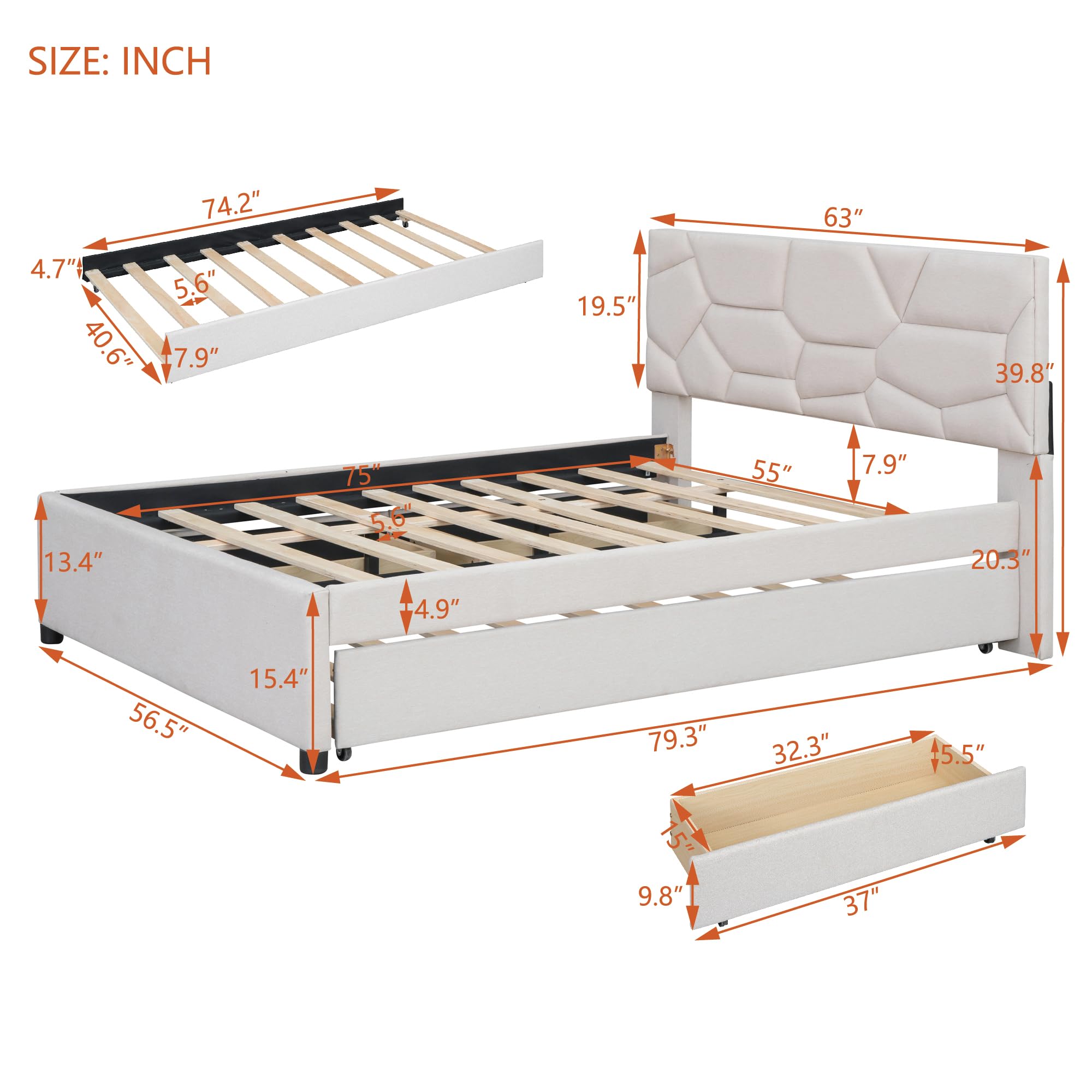 Full Size Linen Upholstered Platform Bed with Twin Trundle & 2 Drawers - Brick Pattern Headboard, Wooden Slats Support - Beige Bed Frame for Teens & Kids | Perfect for Small Bedrooms, Guest Rooms & Space-Saving Solutions
