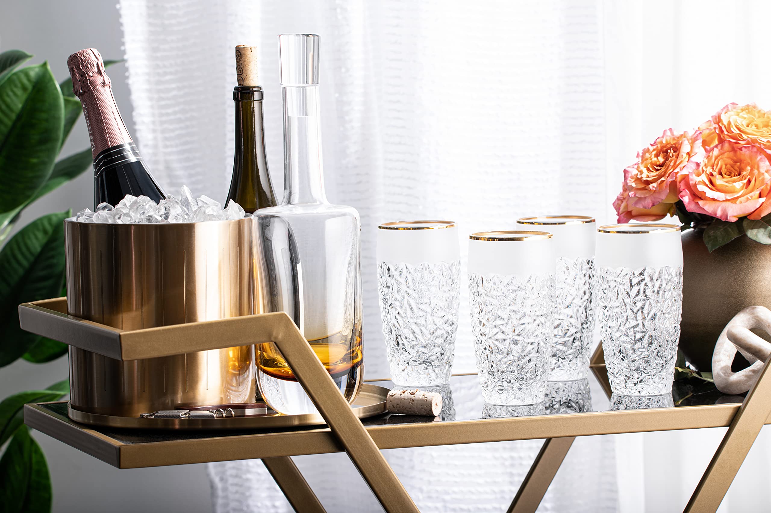 Premium European Crystal Glass Set of 6 - 16 oz Highball Tumblers with Elegant Raindrop Design, Frosted Border & Gold Rim - Made in Europe - Perfect for Cocktails, Iced Coffee & Home Bar Decor