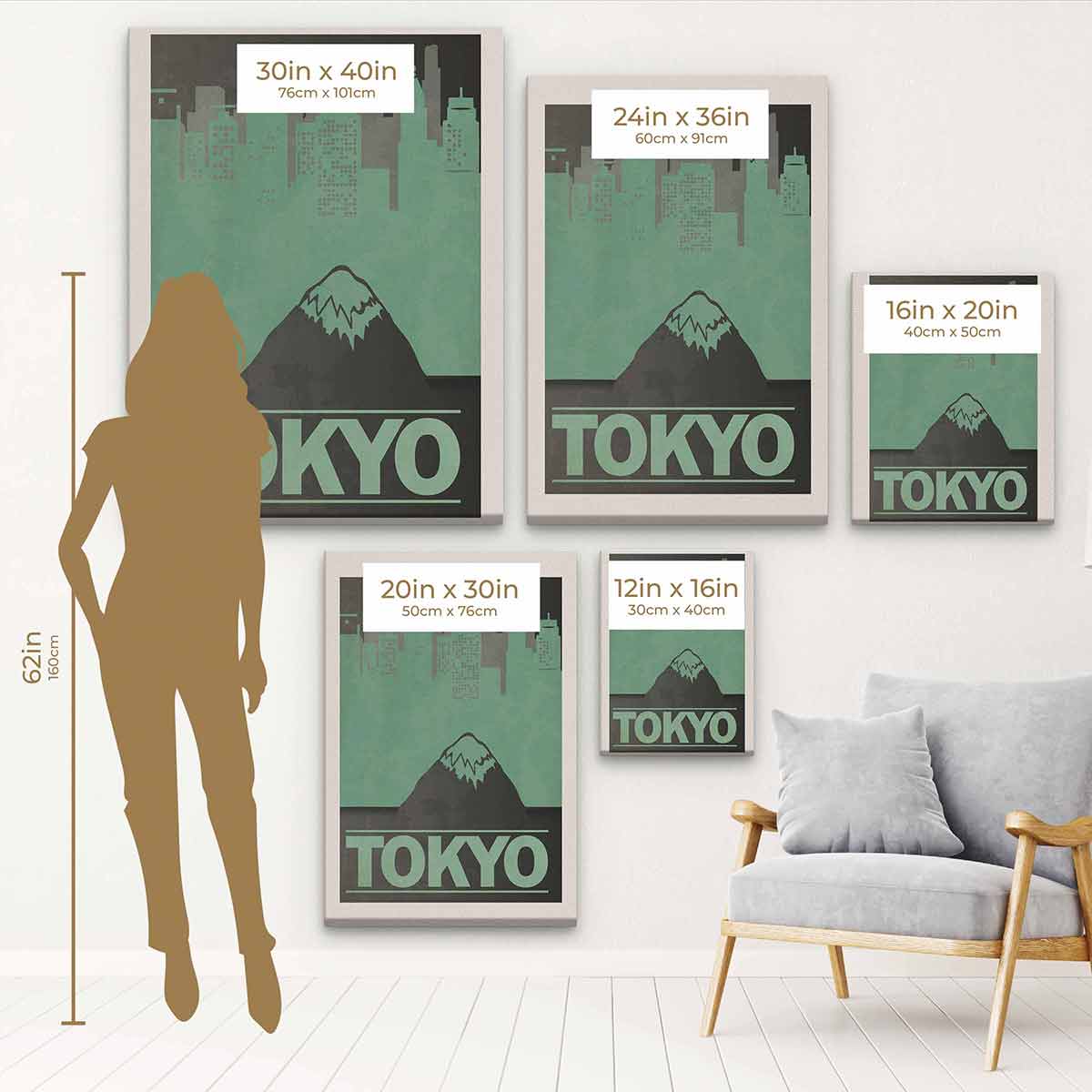 Grey Tokyo Skyline Wall Art Canvas Print - Modern Cityscape Decor for Living Room, Bedroom & Office