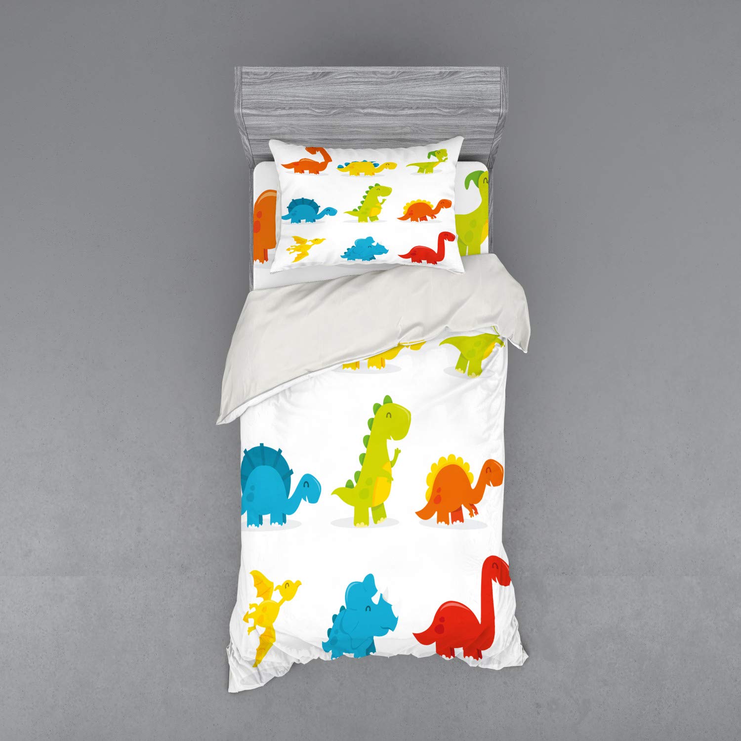 Ambesonne Dinosaur Duvet Cover Set - 3 Piece Twin XL Bedding Set with Sham & Fitted Sheet, Colorful Cartoon Dinosaur Pattern for Kids Room Decor - Perfect for Boys Bedroom, Dinosaur Themed Nursery, or Playroom Decoration
