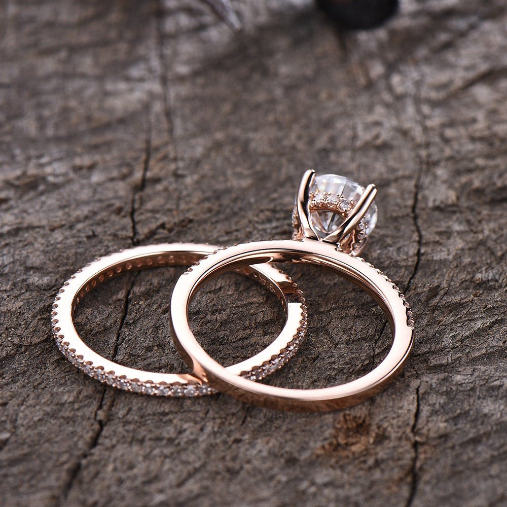 Moissanite Engagement Ring & Wedding Band Set - 7mm Round Solitaire Eternity Ring in 14K Rose Gold (D-E-F Colorless) | Perfect for Proposals, Anniversaries & Bridal Jewelry