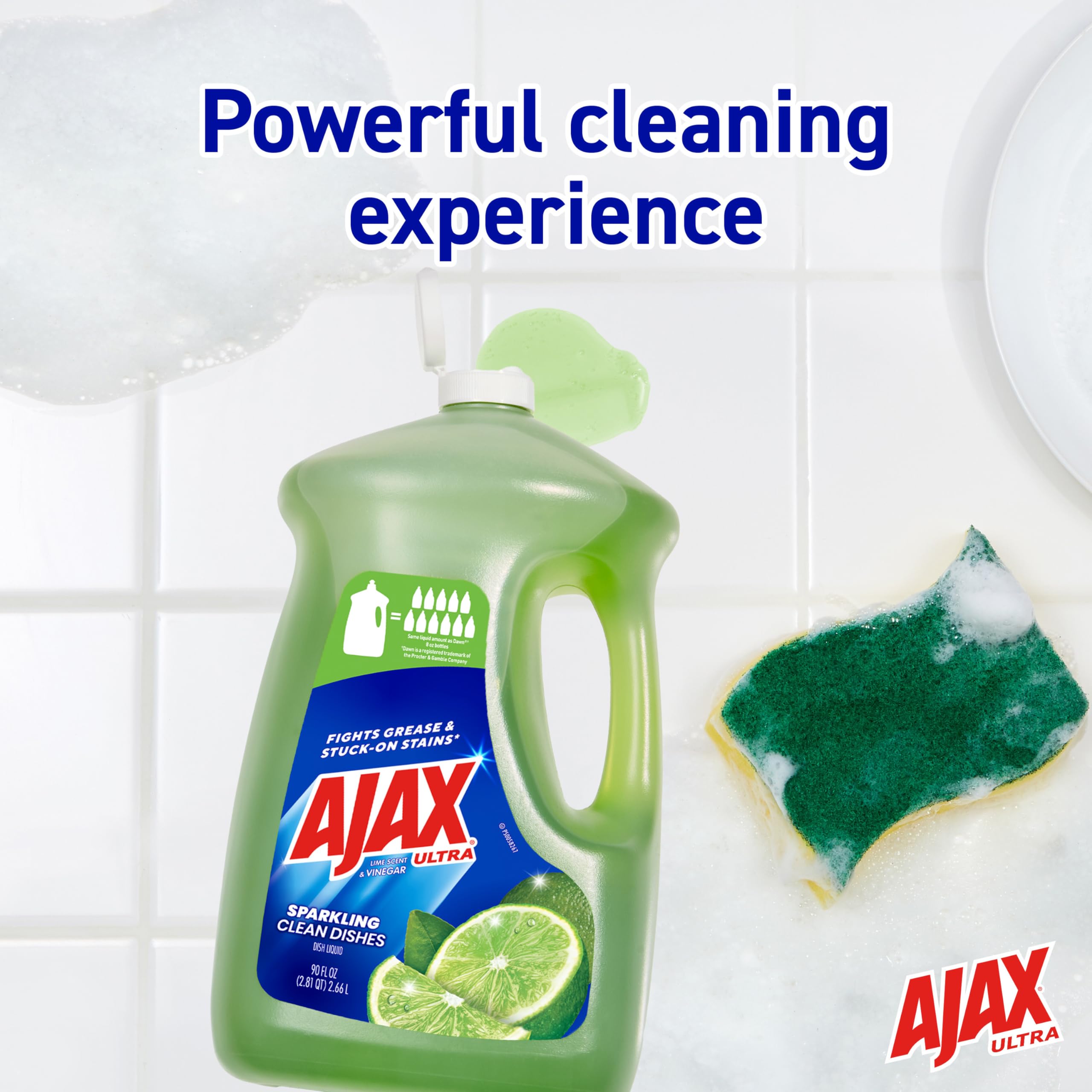 Ajax Ultra Liquid Dish Soap - Vinegar & Lime Scent, 90 fl oz | Powerful Grease Cutting Formula | Sparkling Clean Dishes | Ideal for Kitchen, Restaurant & Dishwashing Needs