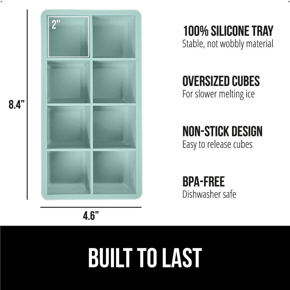 GORILLA GRIP Large Silicone Ice Cube Tray for Freezer - Stackable Lid, Easy Release Mold, 8 Giant Square Slow-Melting Ice Cubes for Whiskey, Cocktails, Iced Coffee | Perfect for Home Bars, Kitchen Essentials & Entertaining | 1-Pack Mint Green