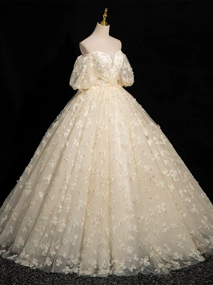 Elegant A-Line Puff Sleeves Tulle Lace Champagne Long Prom Dress for Formal Events, Evening Gowns & Special Occasions