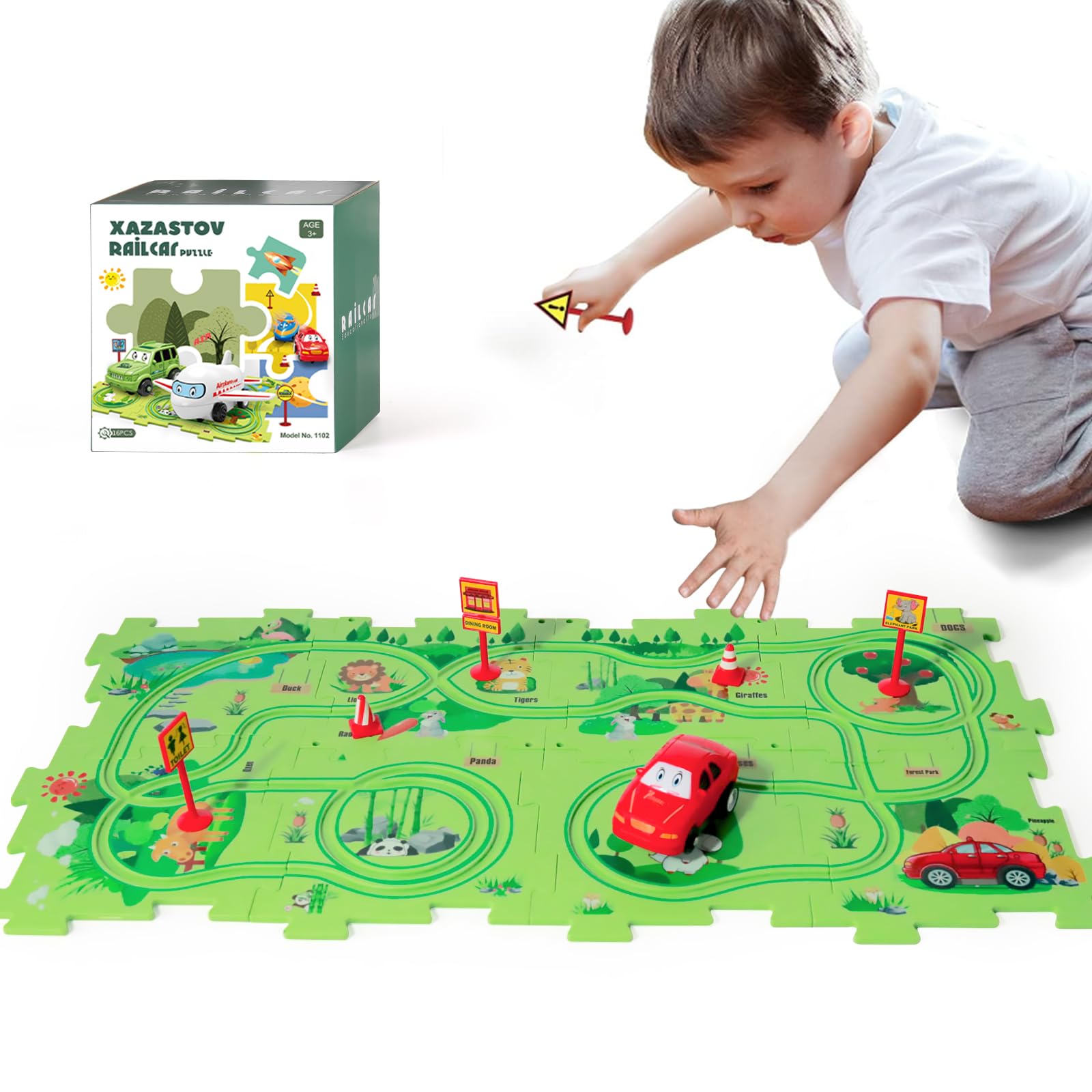 Puzzle Racer Kids Car Track Set - 36-Piece Plastic Floor Puzzles for Toddlers Ages 2-6 with Vehicles - Educational STEM Toy for Boys & Girls - Perfect for Birthday Gifts, Indoor Playtime & Early Learning Activities