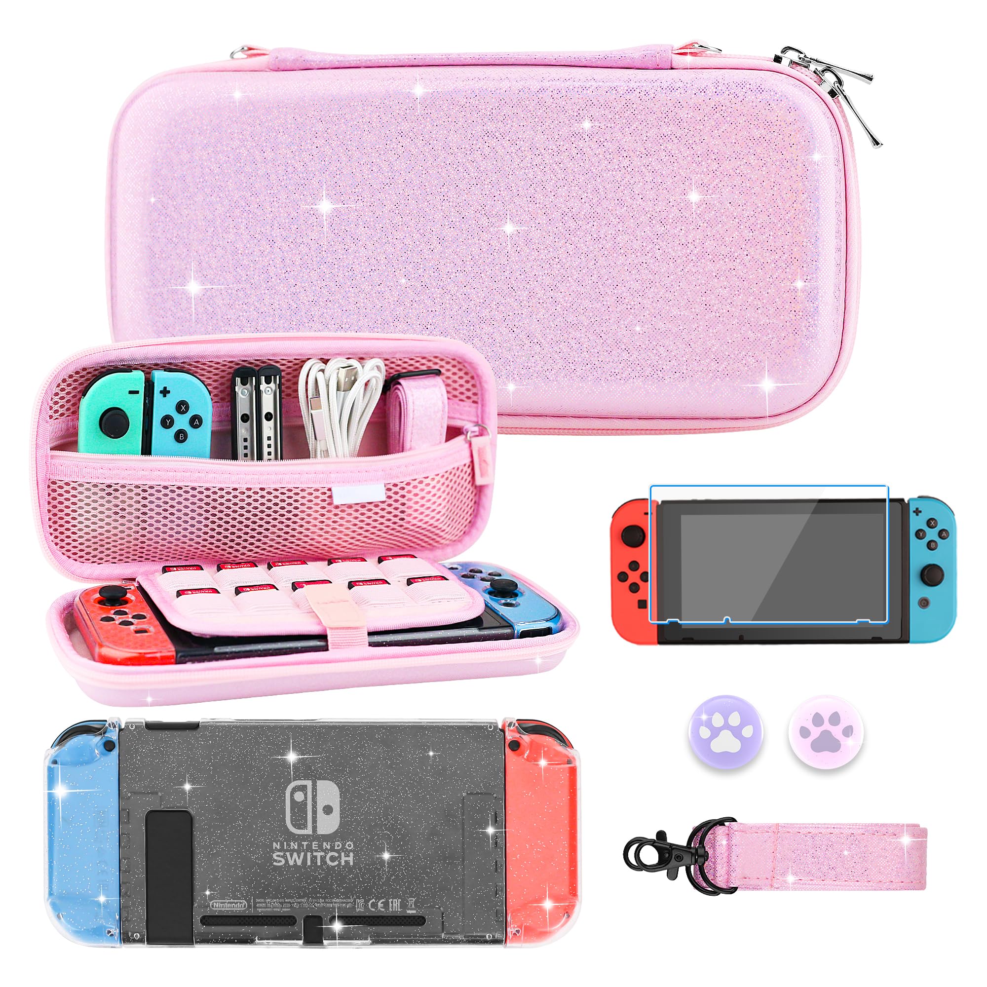 Glitter Pink Hard Travel Case for Nintendo Switch - Portable Protective Cover with Clear Glitter, Shoulder Strap & 2 Thumb Caps | Perfect for Gaming On-The-Go, Travel Protection & Switch Accessories Storage
