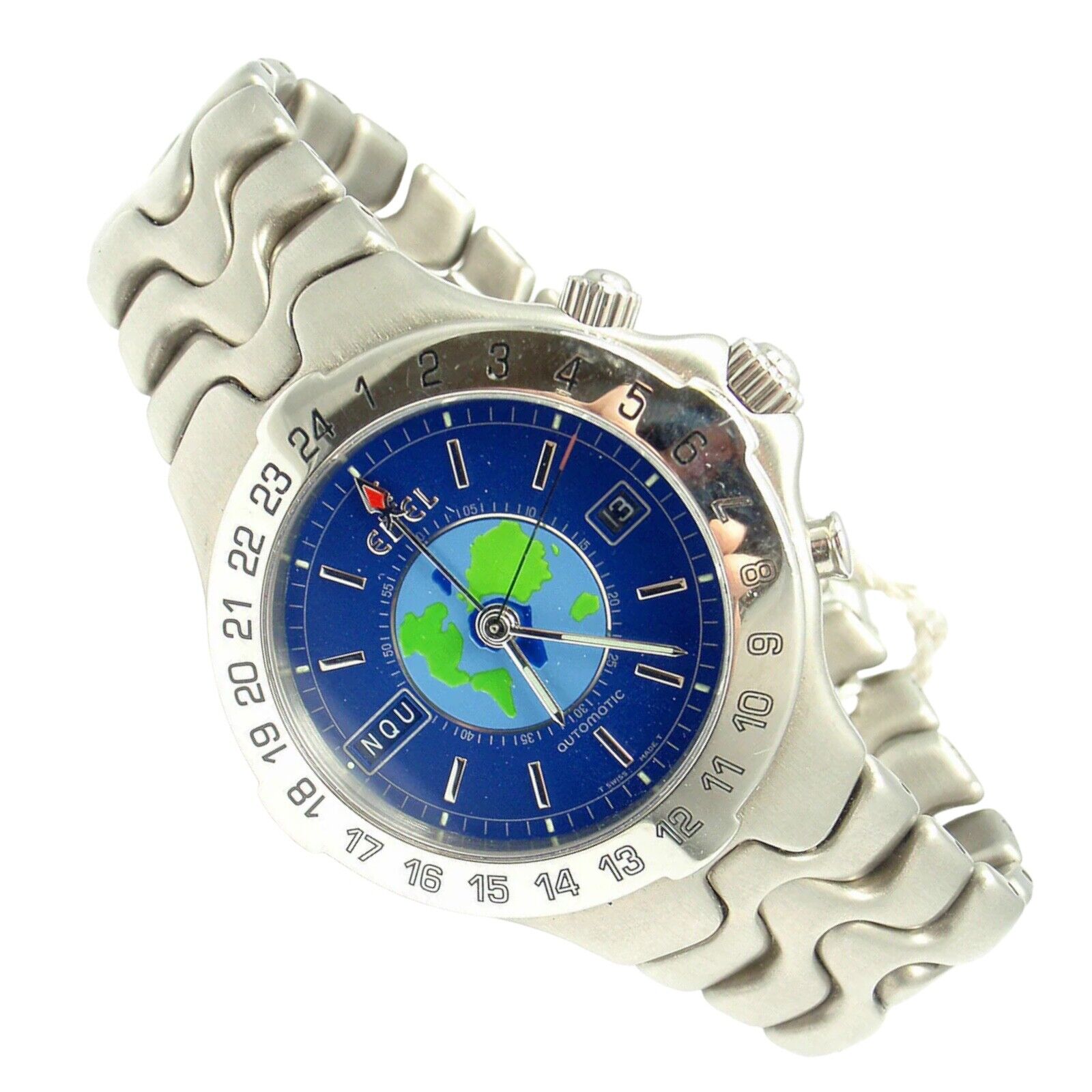 Authentic Ebel Stainless Steel Blue Dial Sportwave World Time Watch for Men - Luxury Waterproof Chronograph Wristwatch - Perfect for Business, Travel & Outdoor Adventures