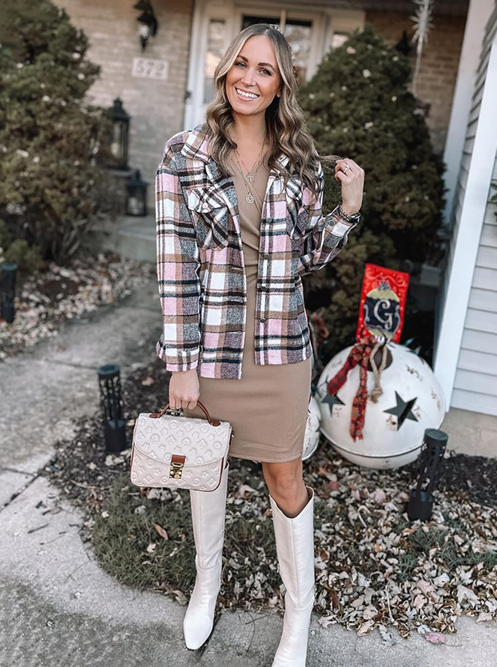 BTFBM Women's Plaid Flannel Shacket - Long Sleeve Button Down Casual Shirt Jacket for Fall & Spring | Loose Fit Blouse Top for Work, Outdoor & Daily Wear (2025 Fashion)